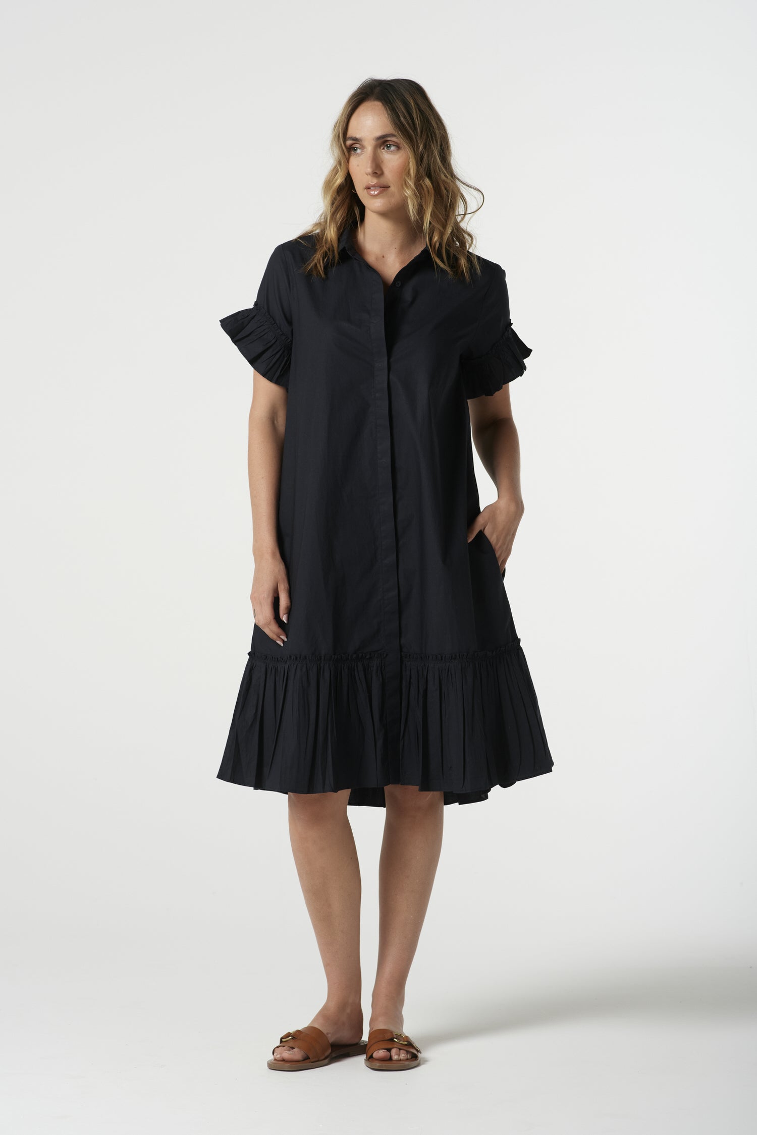 Coast Cotton Ruffle Midi Dress - Dark Navy by Goondiwindi Cotton. Timeless women’s fashion using natural fibres and classic shapes