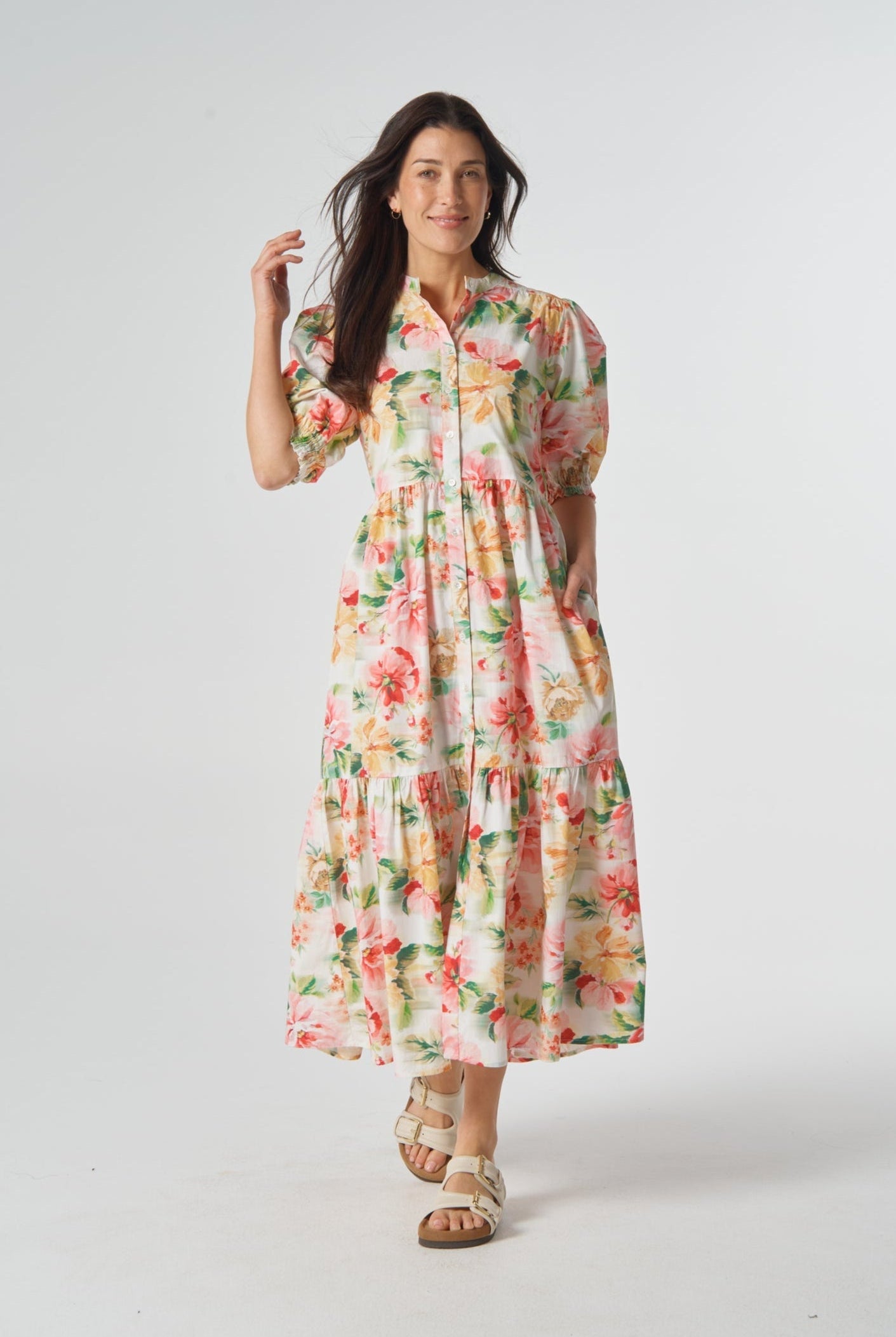 Puff Sleeve Button Through Cotton Dress - Blurred Floral by Goondiwindi Cotton. Timeless women’s fashion using natural fibres and classic shapes