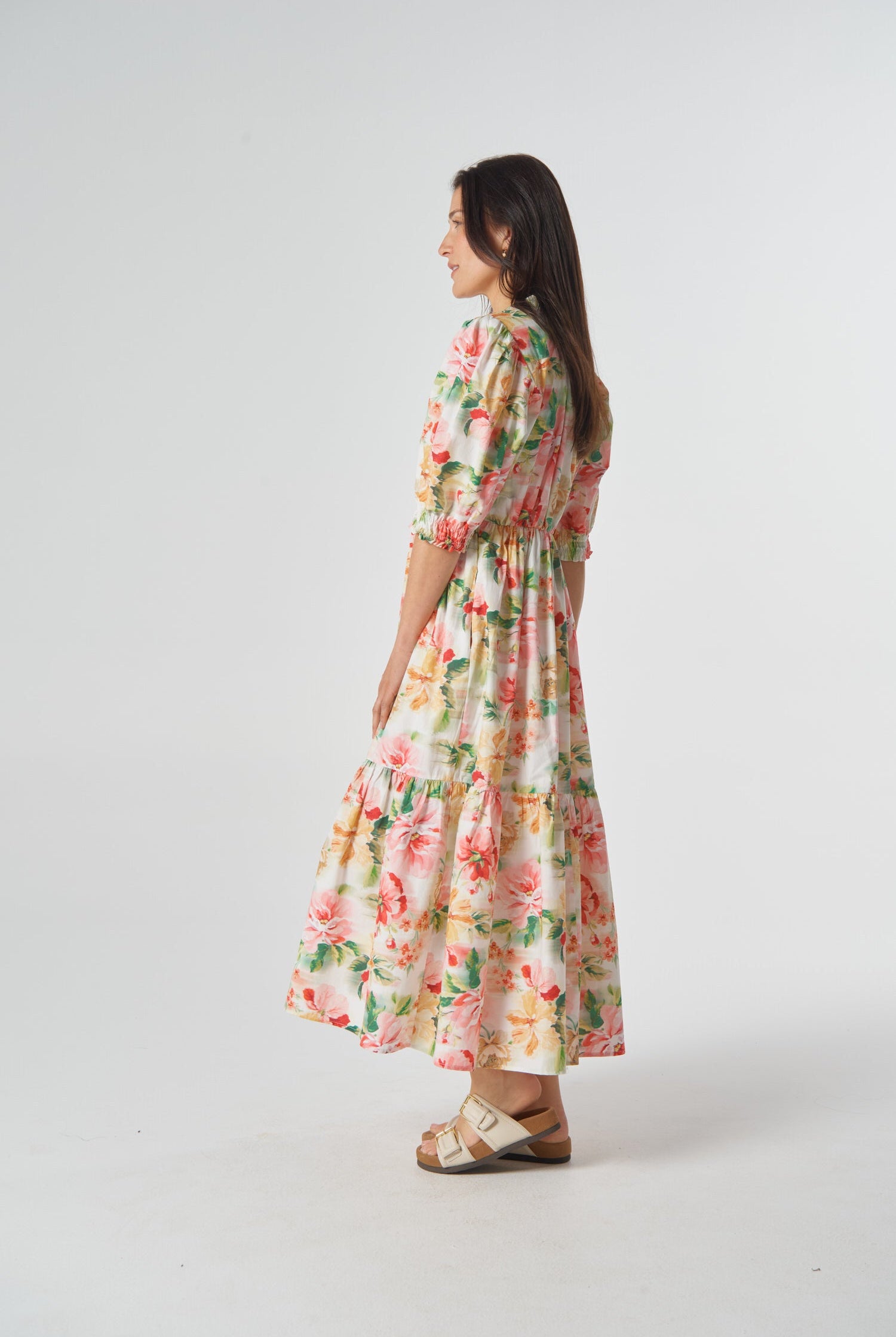 Puff Sleeve Button Through Cotton Dress - Blurred Floral by Goondiwindi Cotton. Timeless women’s fashion using natural fibres and classic shapes