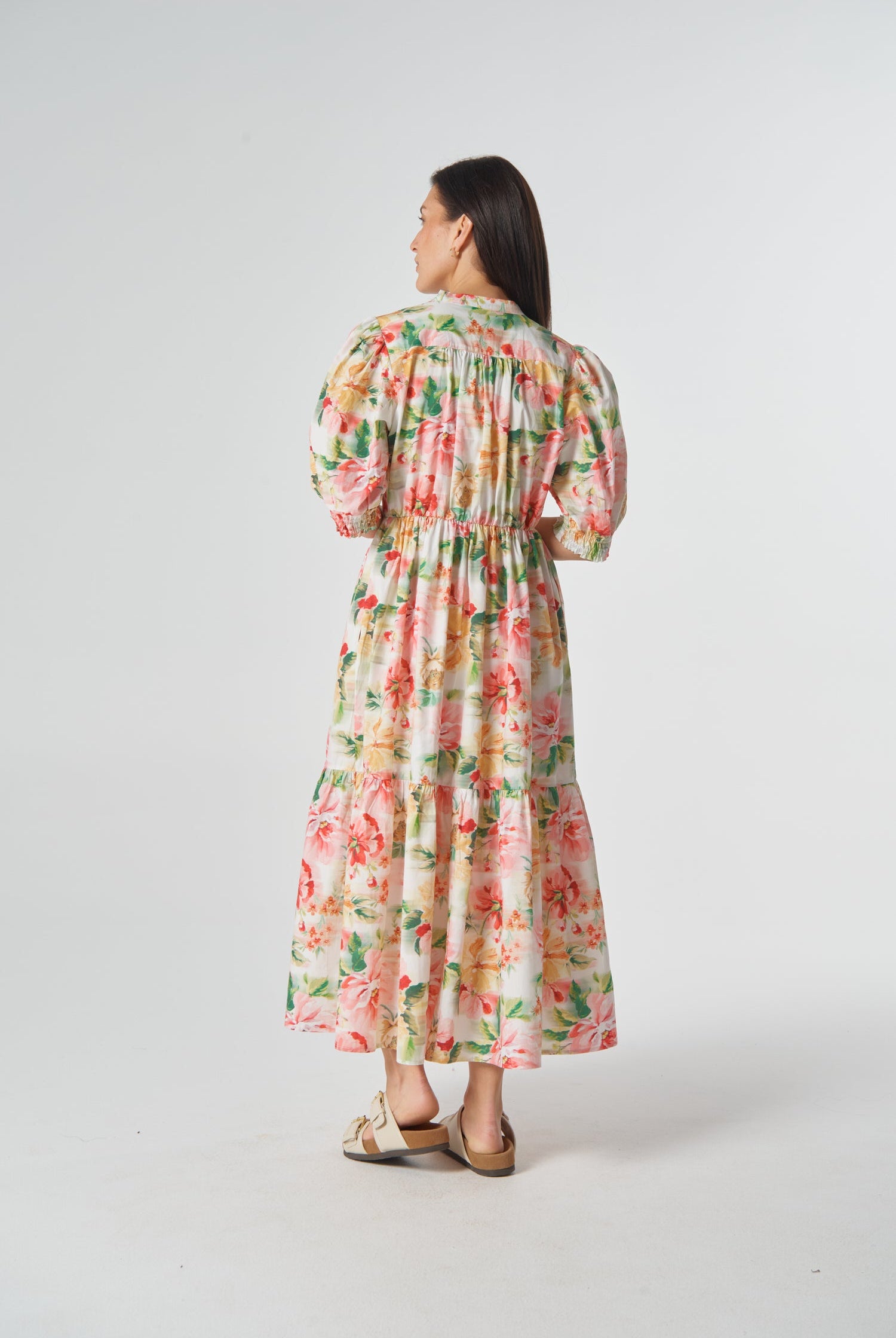 Puff Sleeve Button Through Cotton Dress - Blurred Floral by Goondiwindi Cotton. Timeless women’s fashion using natural fibres and classic shapes