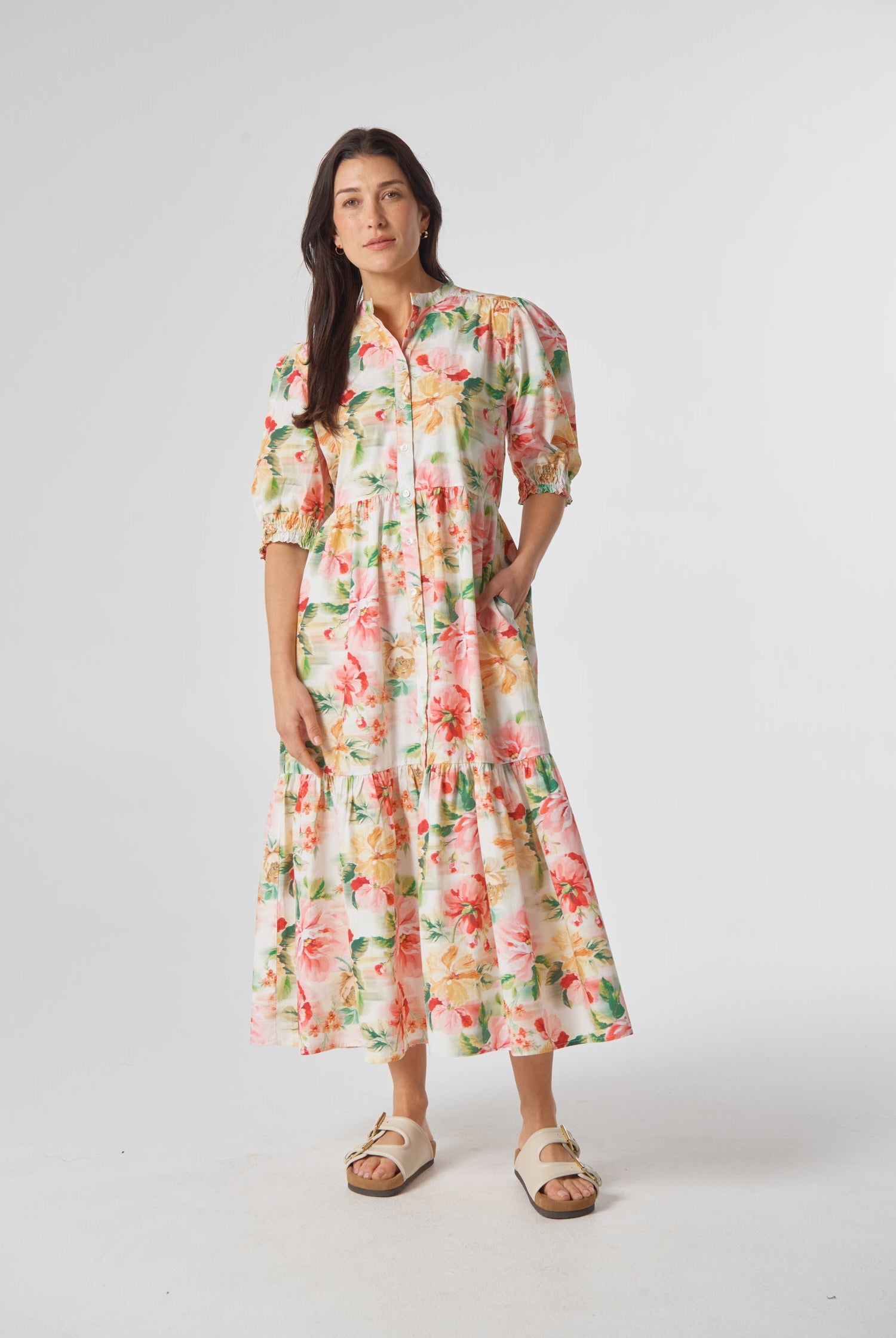 Puff Sleeve Button Through Cotton Dress - Blurred Floral by Goondiwindi Cotton. Timeless women’s fashion using natural fibres and classic shapes