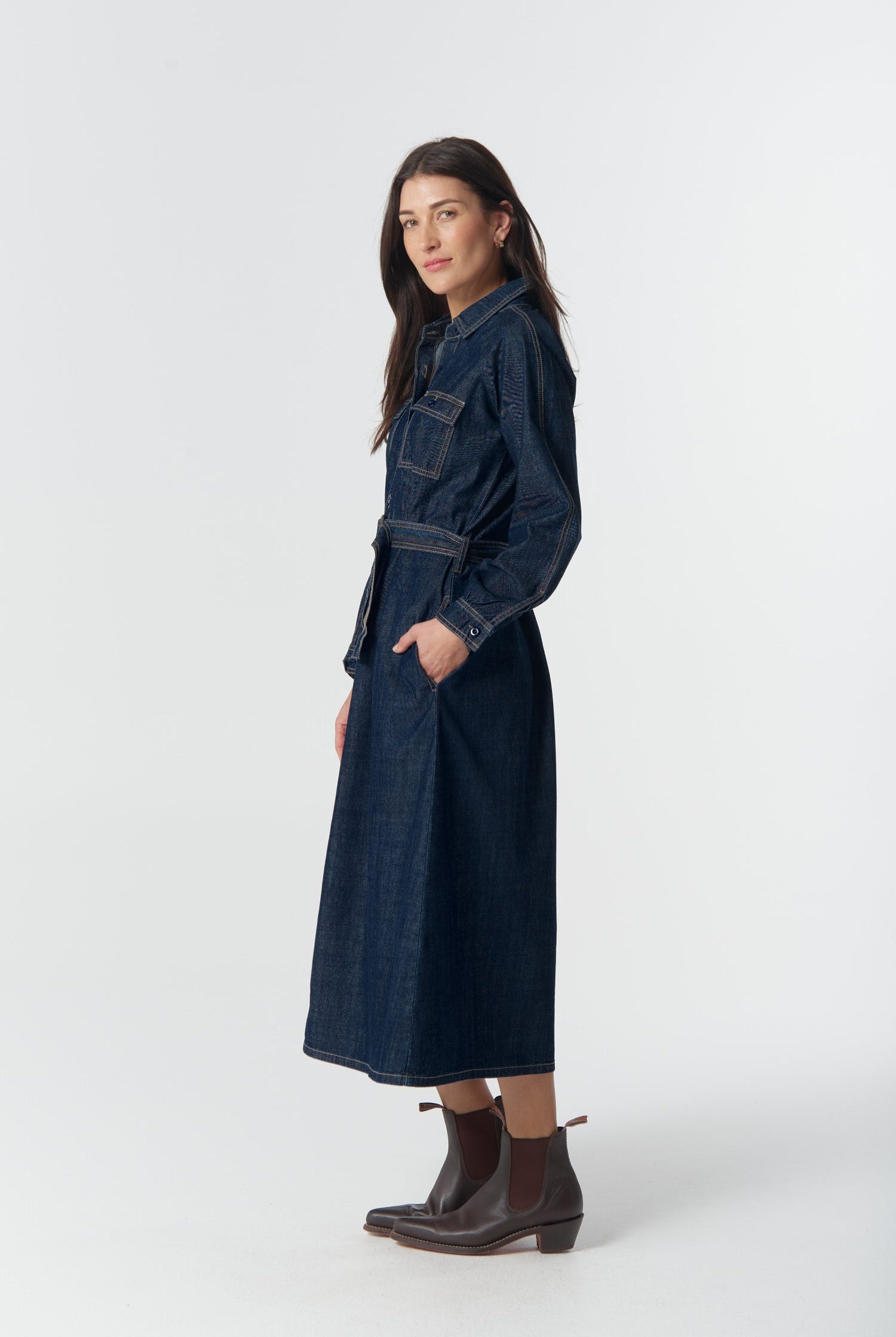 Stockman Denim Dress - Dark Indigo by Goondiwindi Cotton. Timeless women’s fashion using natural fibres and classic shapes