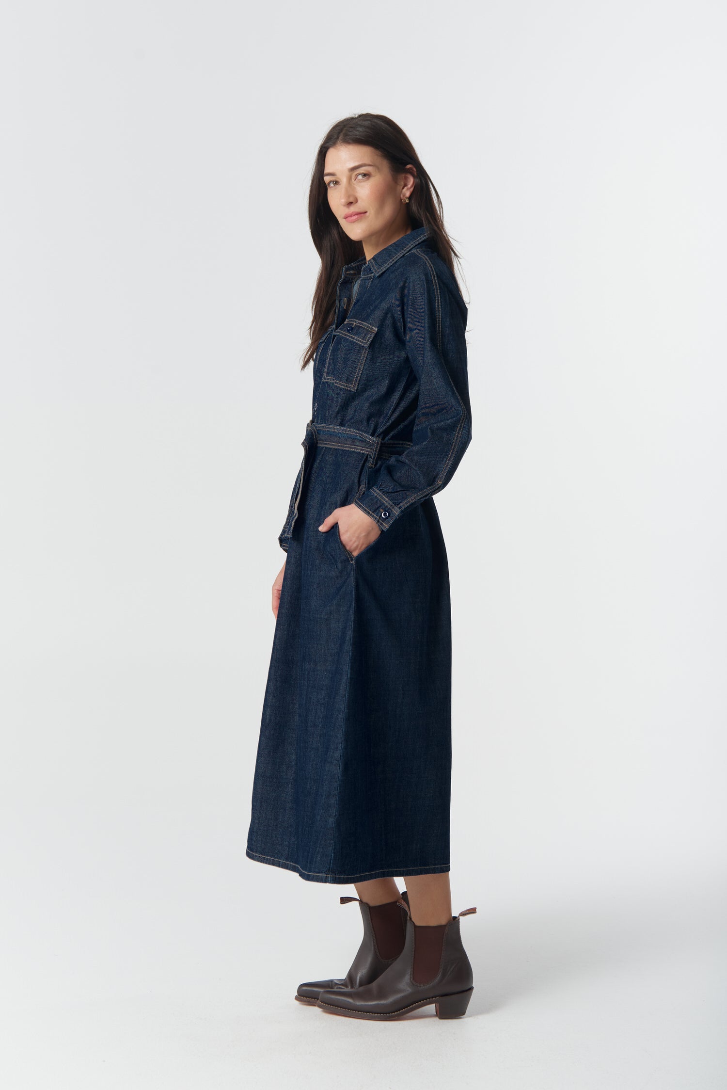 Stockman Denim Dress - Dark Indigo by Goondiwindi Cotton. Timeless women’s fashion using natural fibres and classic shapes