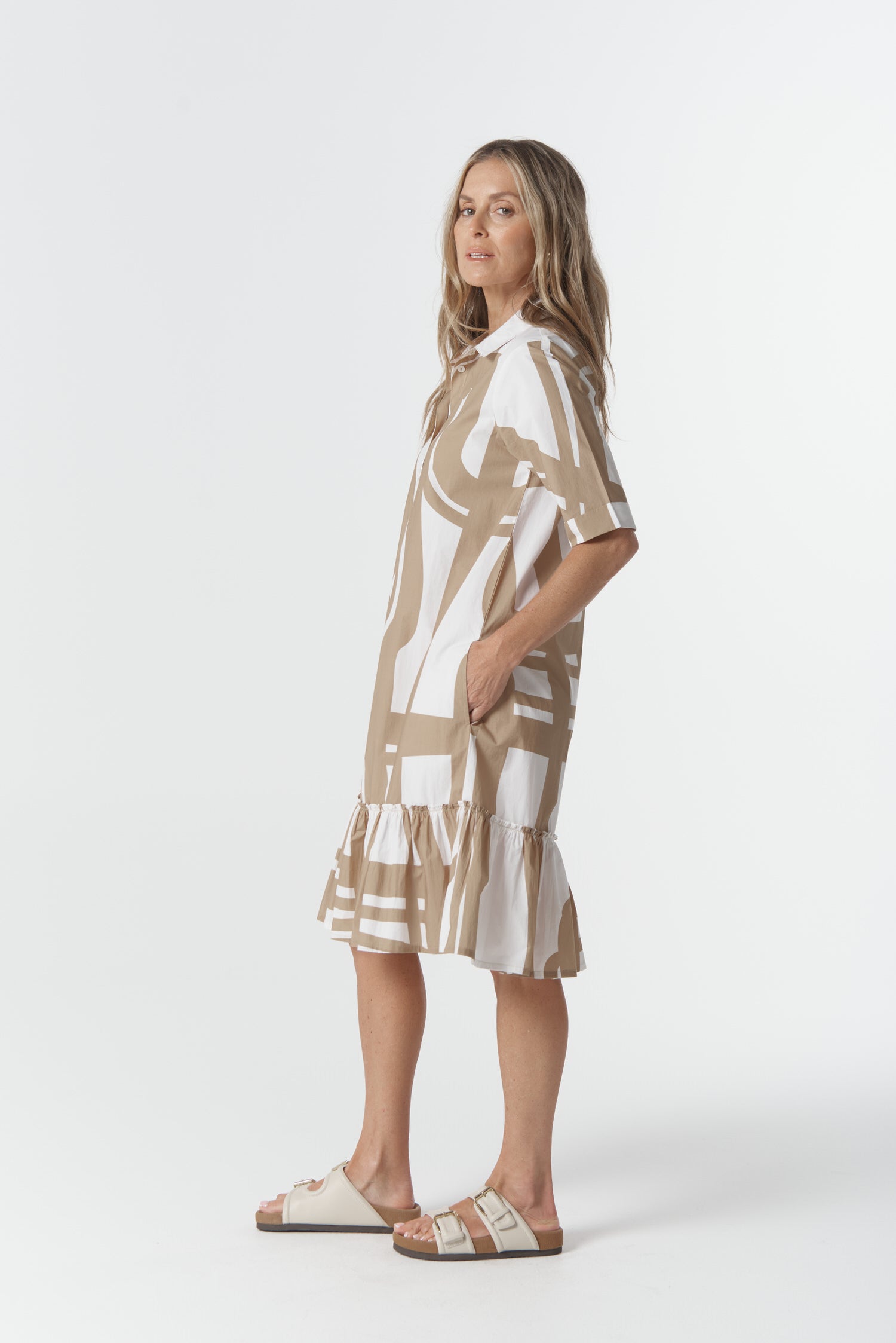 Harvest Lines Cotton Ruffle Dress - Harvest Print by Goondiwindi Cotton. Timeless women’s fashion using natural fibres and classic shapes