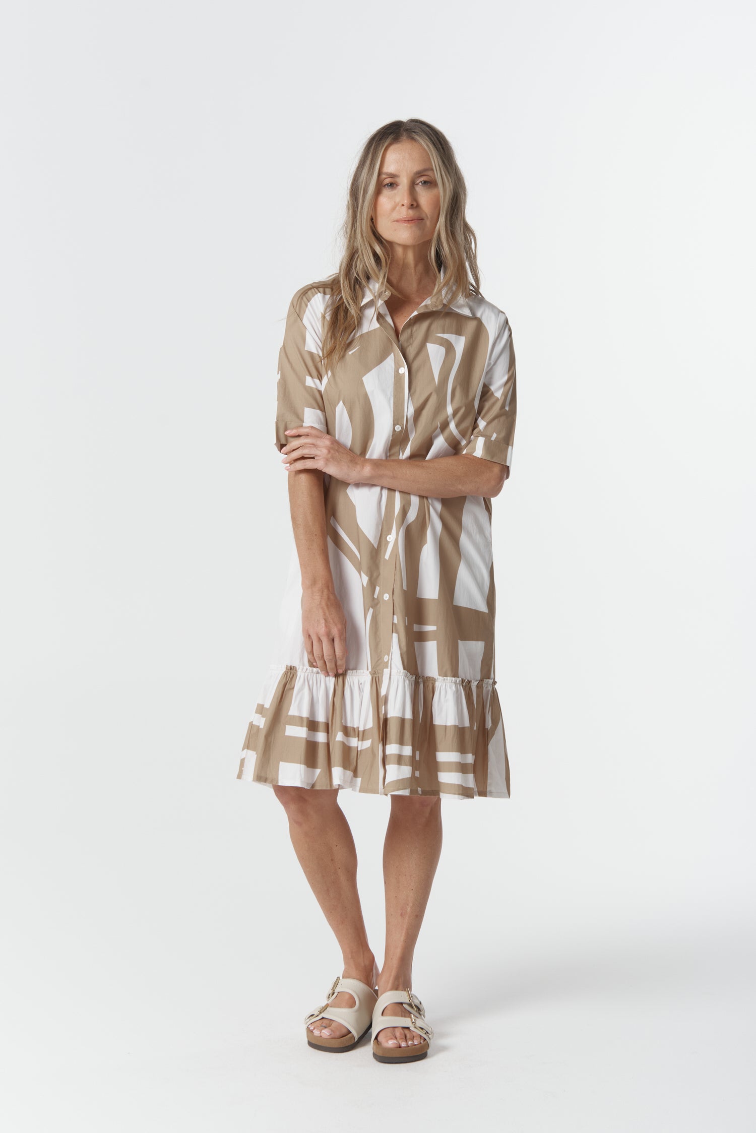 Harvest Lines Cotton Ruffle Dress - Harvest Print by Goondiwindi Cotton. Timeless women’s fashion using natural fibres and classic shapes
