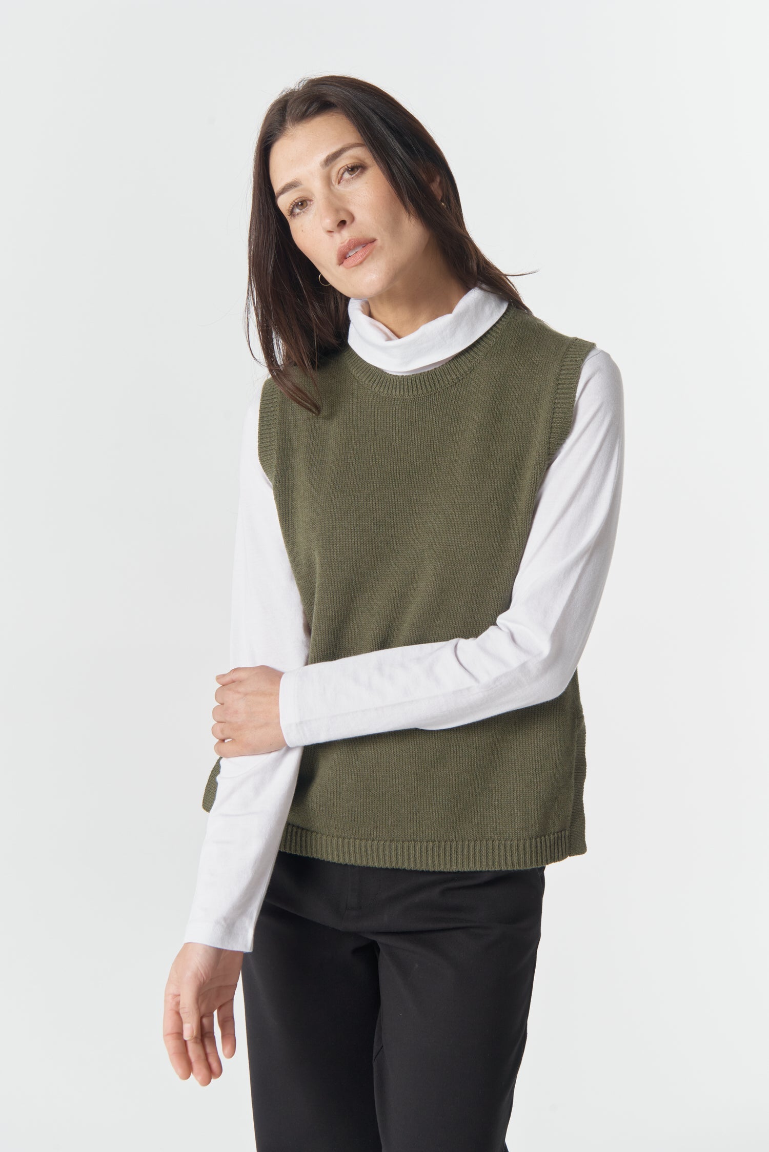 Goondiwindi Cotton Knitwear Amber Merino Cotton Knit Vest - Covert Green