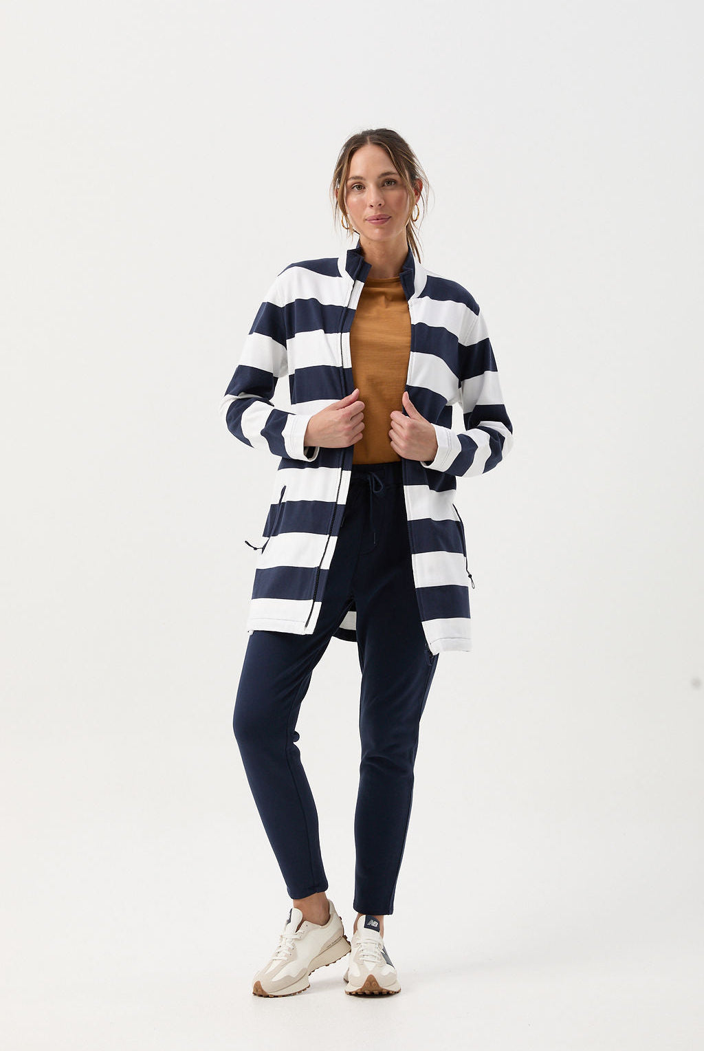 Stripe Rugby Zip Through Jacket - White/Parisian Night by Goondiwindi Cotton. Timeless women’s fashion using natural fibres and classic shapes