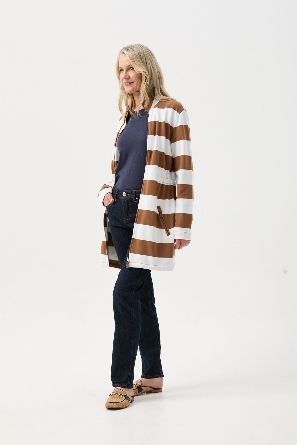 Goondiwindi Cotton Rugbys Stripe Rugby Zip Through Jacket - Tobacco/White