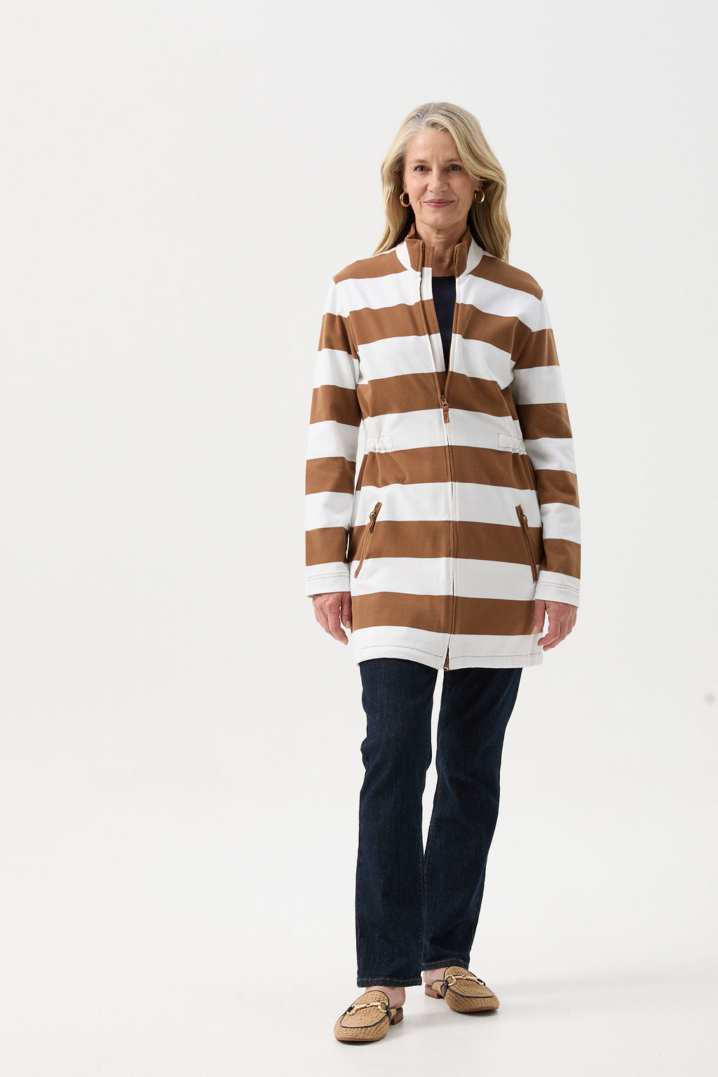 Goondiwindi Cotton Rugbys Stripe Rugby Zip Through Jacket - Tobacco/White
