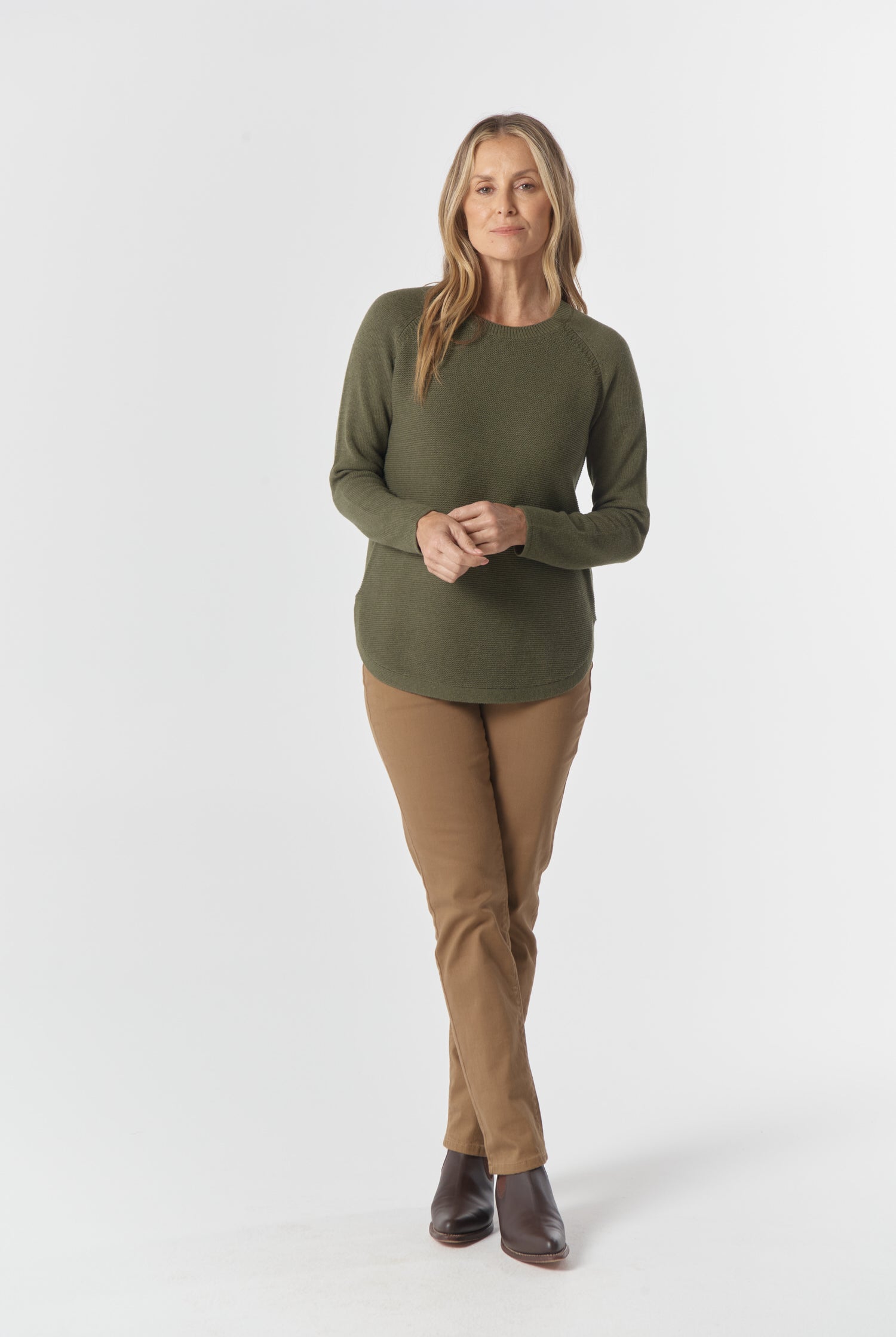 Goondiwindi Cotton Knitwear The Classic Crew Neck Raglan Jumper - Covert Green