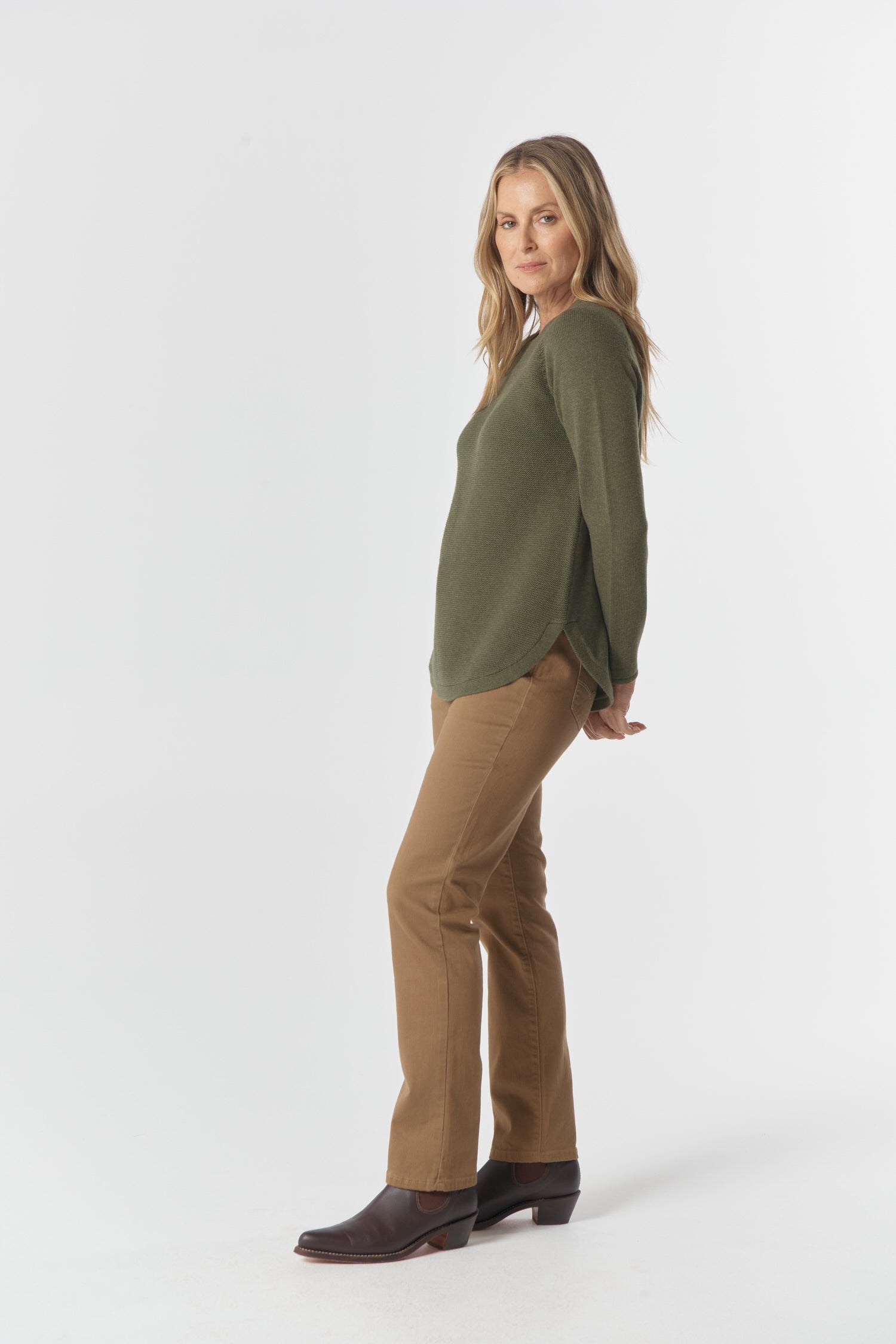 Goondiwindi Cotton Knitwear The Classic Crew Neck Raglan Jumper - Covert Green
