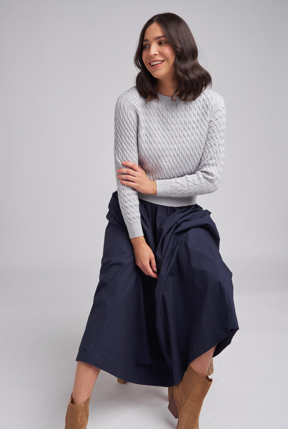 Goondiwindi Cotton Knitwear Classic Cable Crew Neck Jumper Grey Shimmer