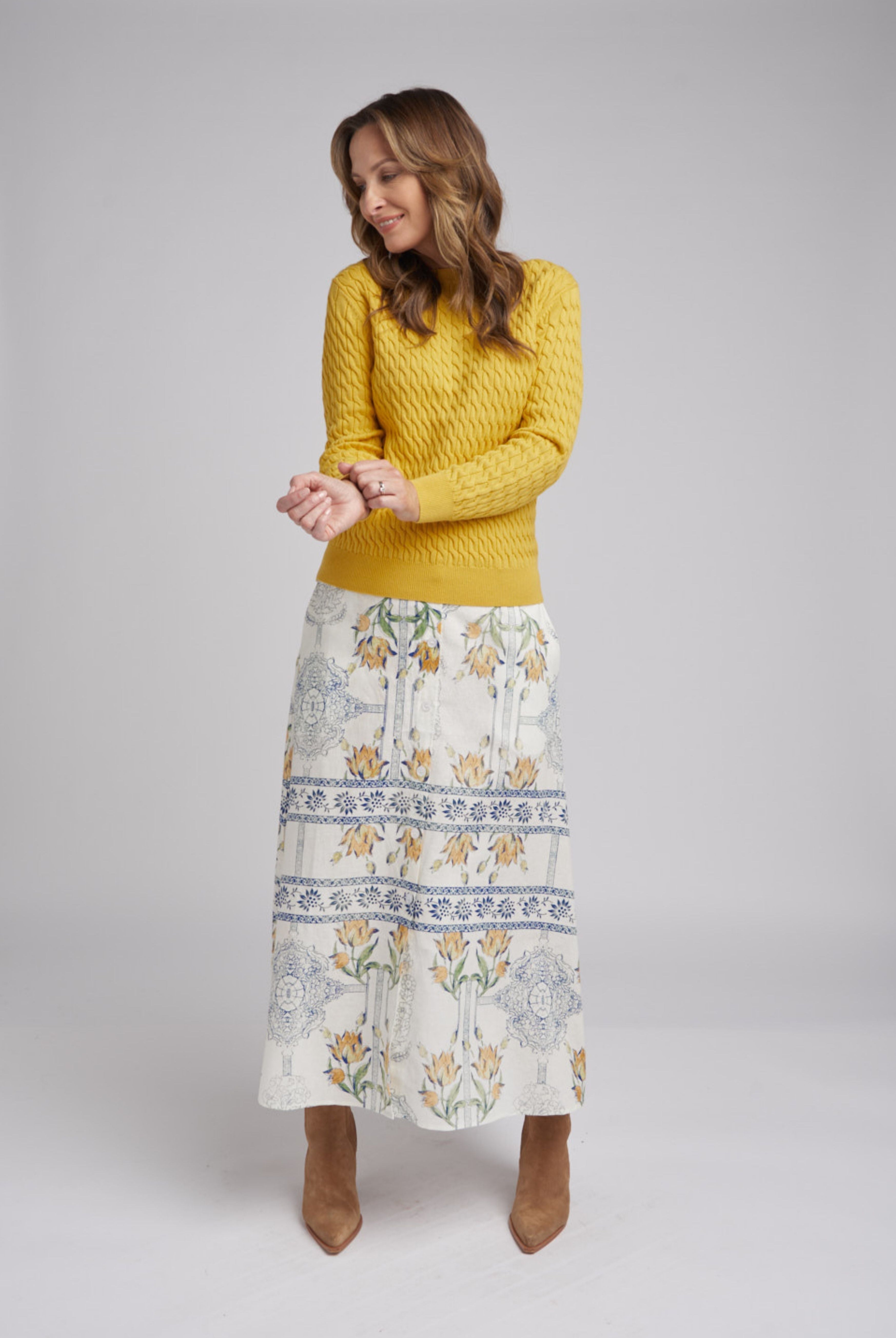 Goondiwindi Cotton Knitwear Classic Cable Crew Neck Jumper - Lemon