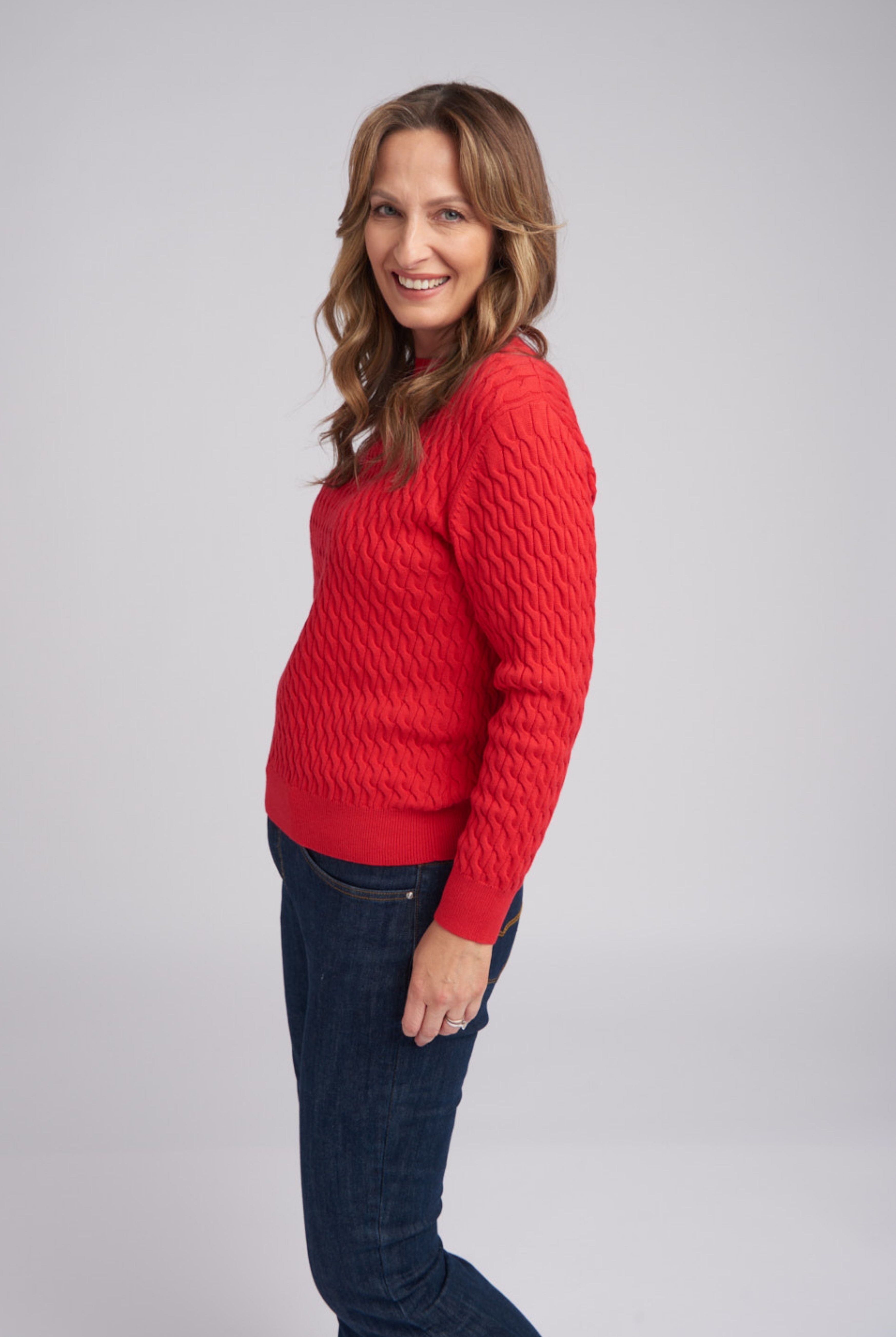 Goondiwindi Cotton Knitwear Classic Cable Crew Neck Jumper Poppy