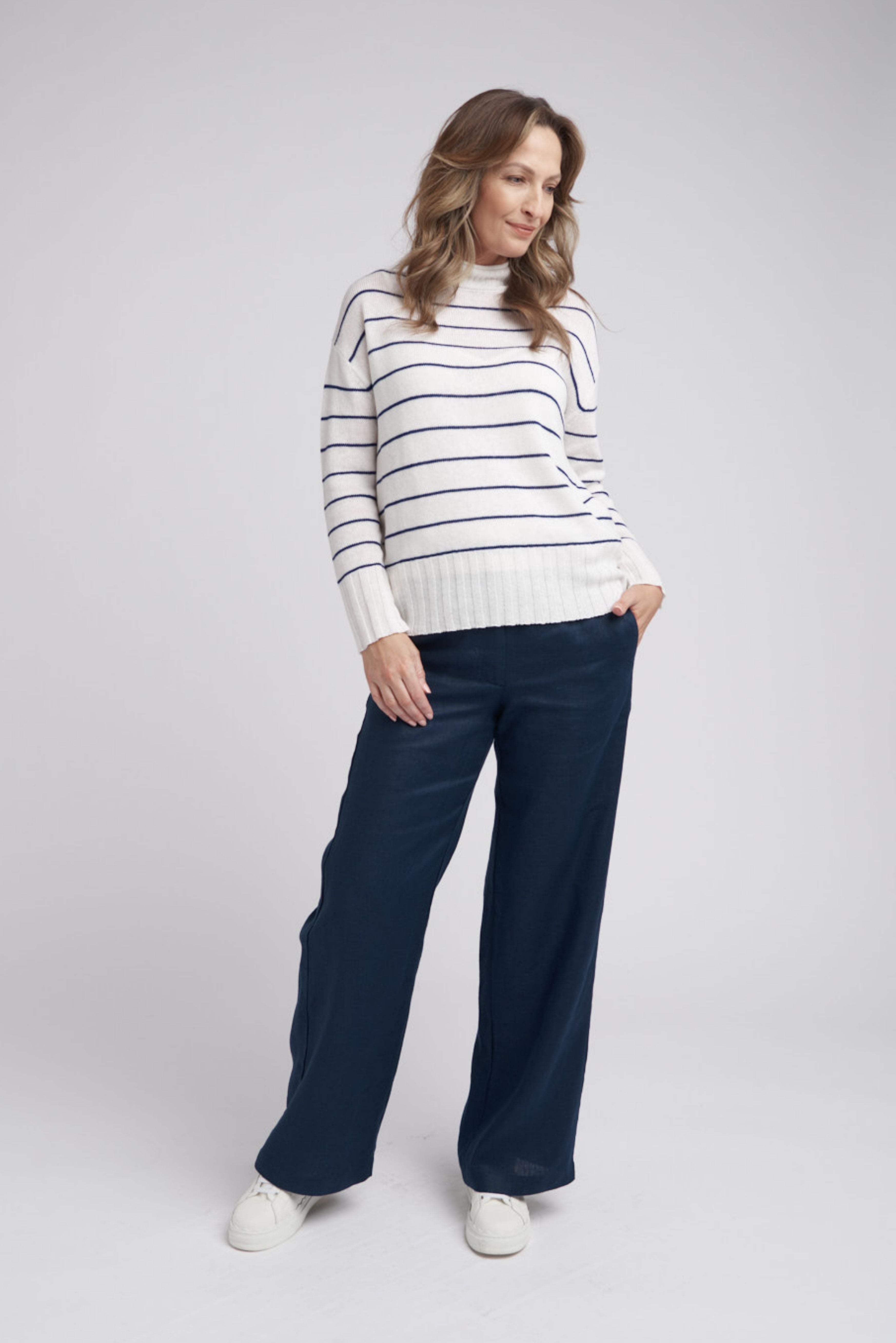 Goondiwindi Cotton Knitwear Turtle Neck Stripe Knit Jumper - Snowflake/Marine