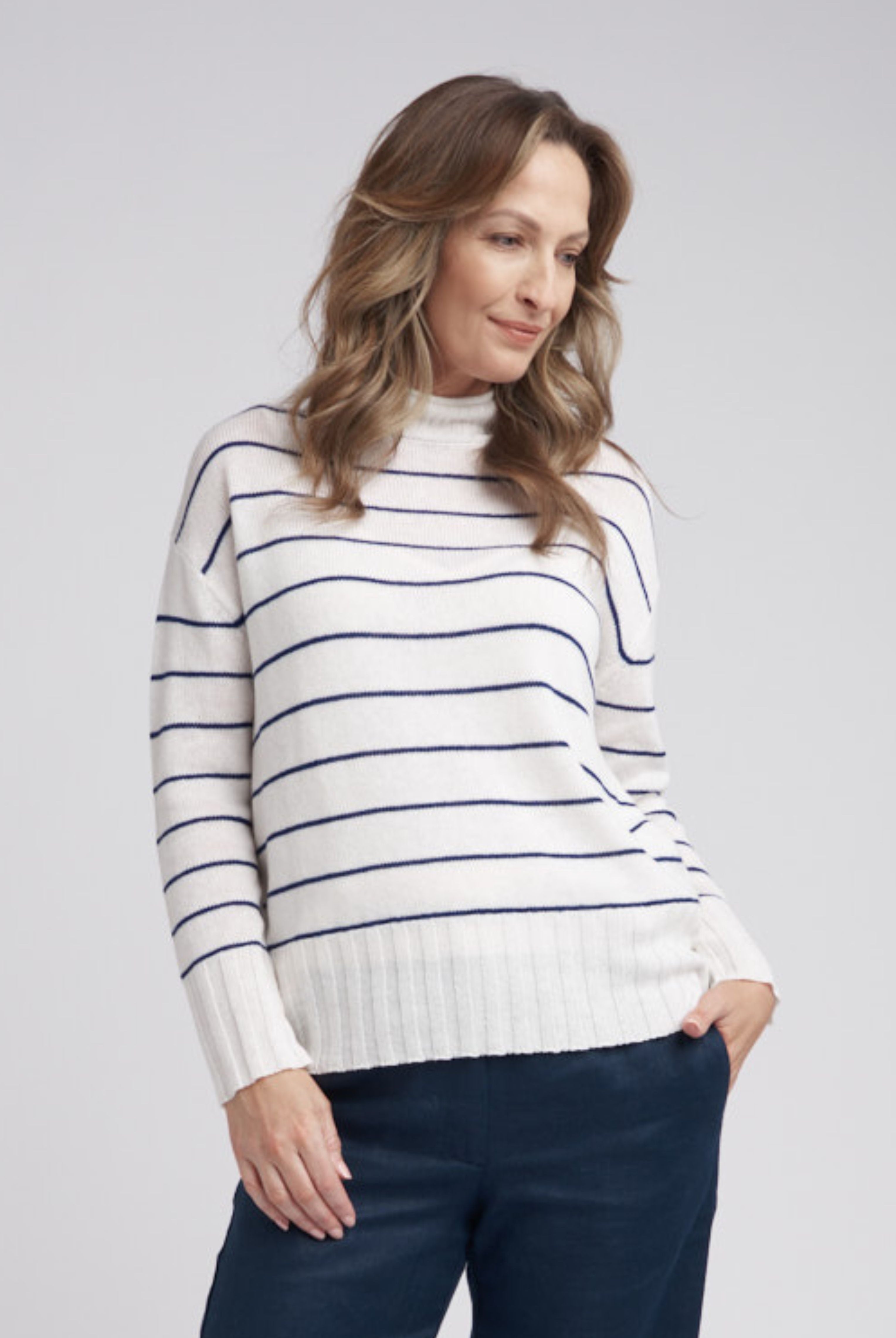 Goondiwindi Cotton Knitwear Turtle Neck Stripe Knit Jumper - Snowflake/Marine