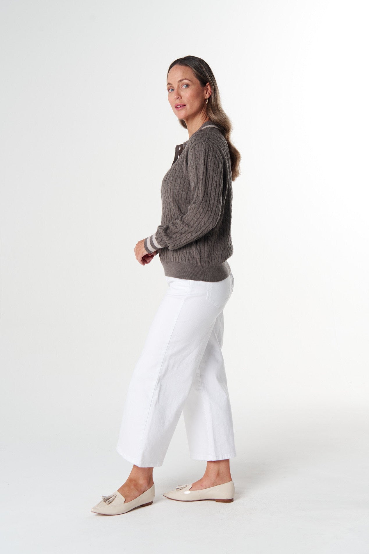 Goondiwindi Cotton Knitwear Merino Cotton Cable Knit Polo - Squirrel/Cobweb