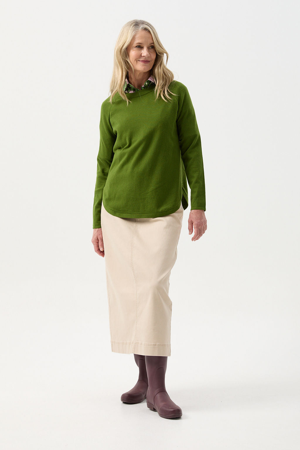 Goondiwindi Cotton Knitwear Cotton Cashmere Raglan Crew Neck Jumper - Herb Garden