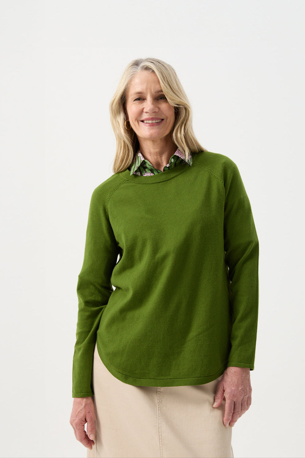 Goondiwindi Cotton Knitwear Cotton Cashmere Raglan Crew Neck Jumper - Herb Garden