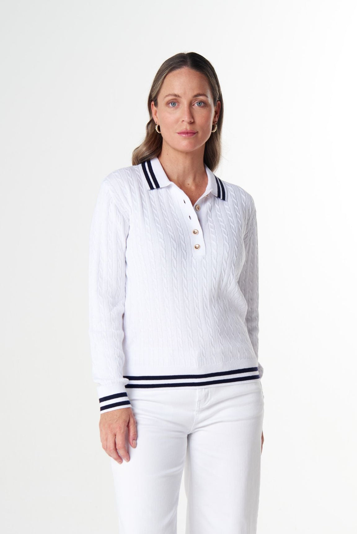 Goondiwindi Cotton Knitwear Marine Cotton Cable Knit Polo - White/Navy