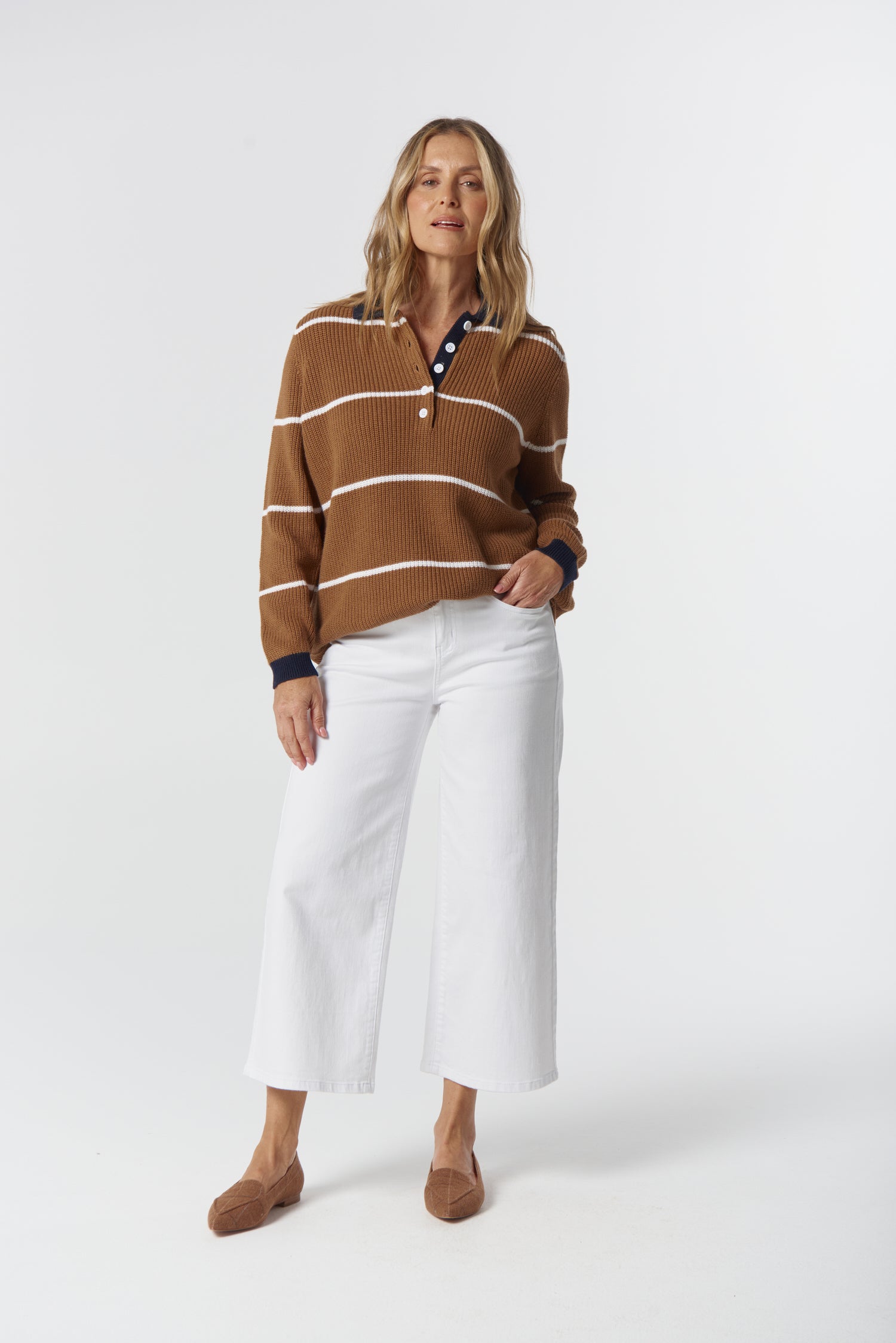 Husk Cotton Cashmere Collared Knit Jumper - Iced Coffee/Laser White by Goondiwindi Cotton. Timeless women’s fashion using natural fibres and classic shapes