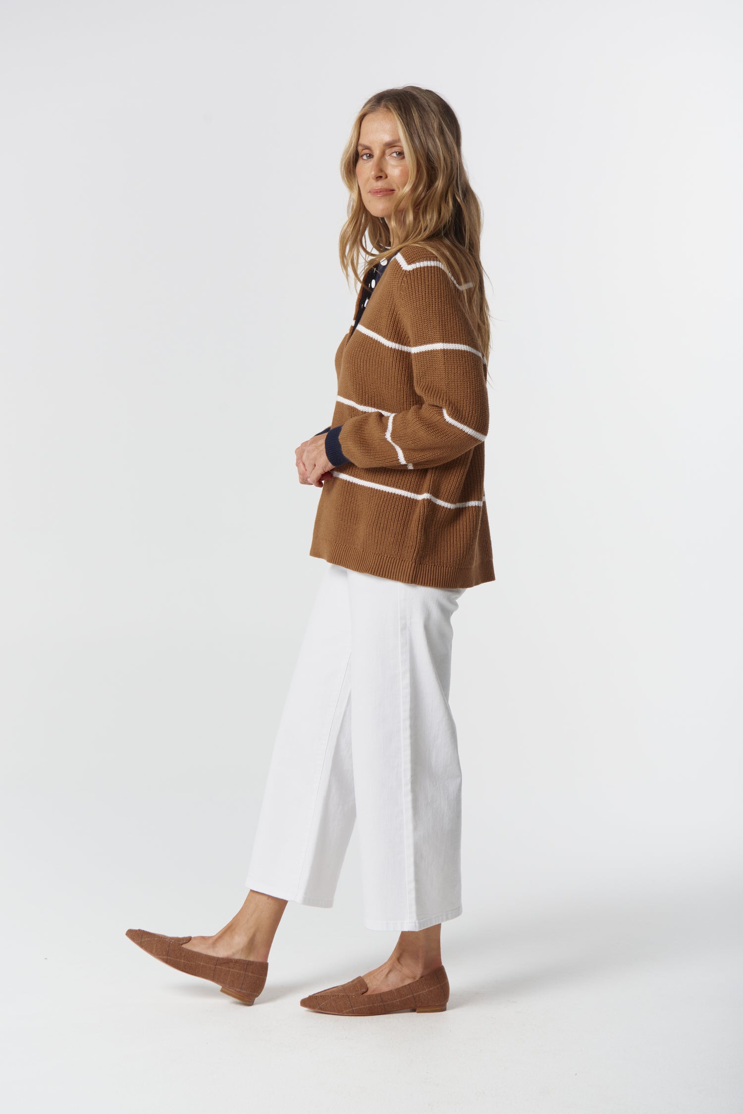 Goondiwindi Cotton Knitwear Husk Cotton Cashmere Collared Knit Jumper - Iced Coffee/Laser White