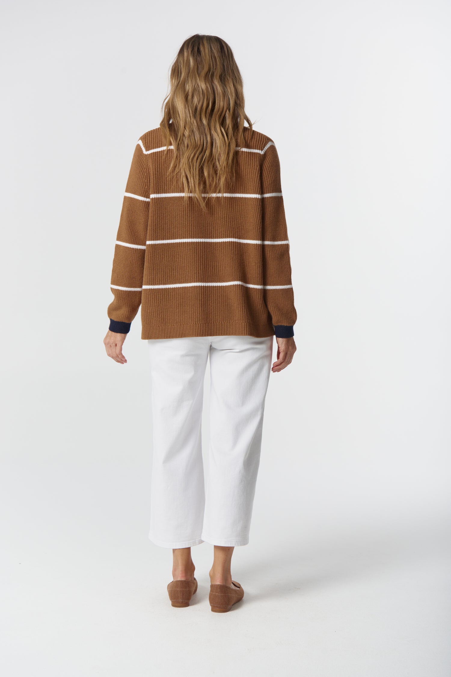 Goondiwindi Cotton Knitwear Husk Cotton Cashmere Collared Knit Jumper - Iced Coffee/Laser White