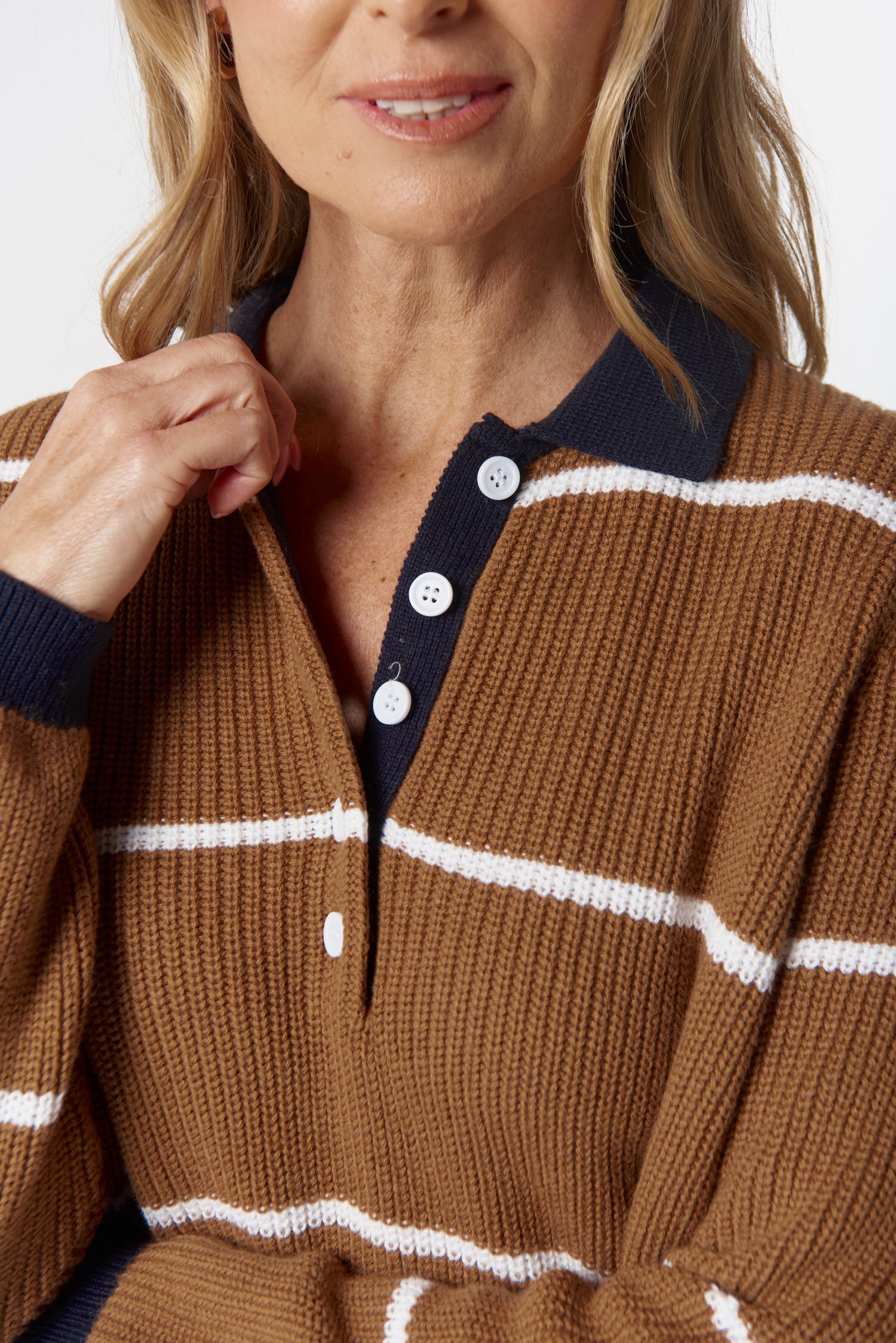 Goondiwindi Cotton Knitwear Husk Cotton Cashmere Collared Knit Jumper - Iced Coffee/Laser White