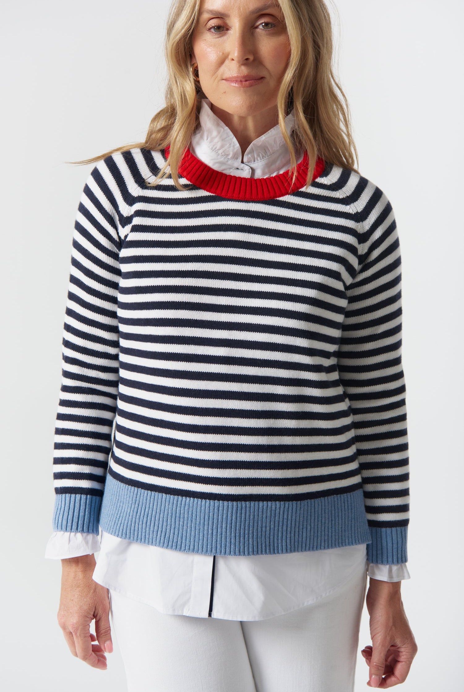 Farmer Cotton Cashmere Jumper - Navy/Laser White by Goondiwindi Cotton. Timeless women’s fashion using natural fibres and classic shapes