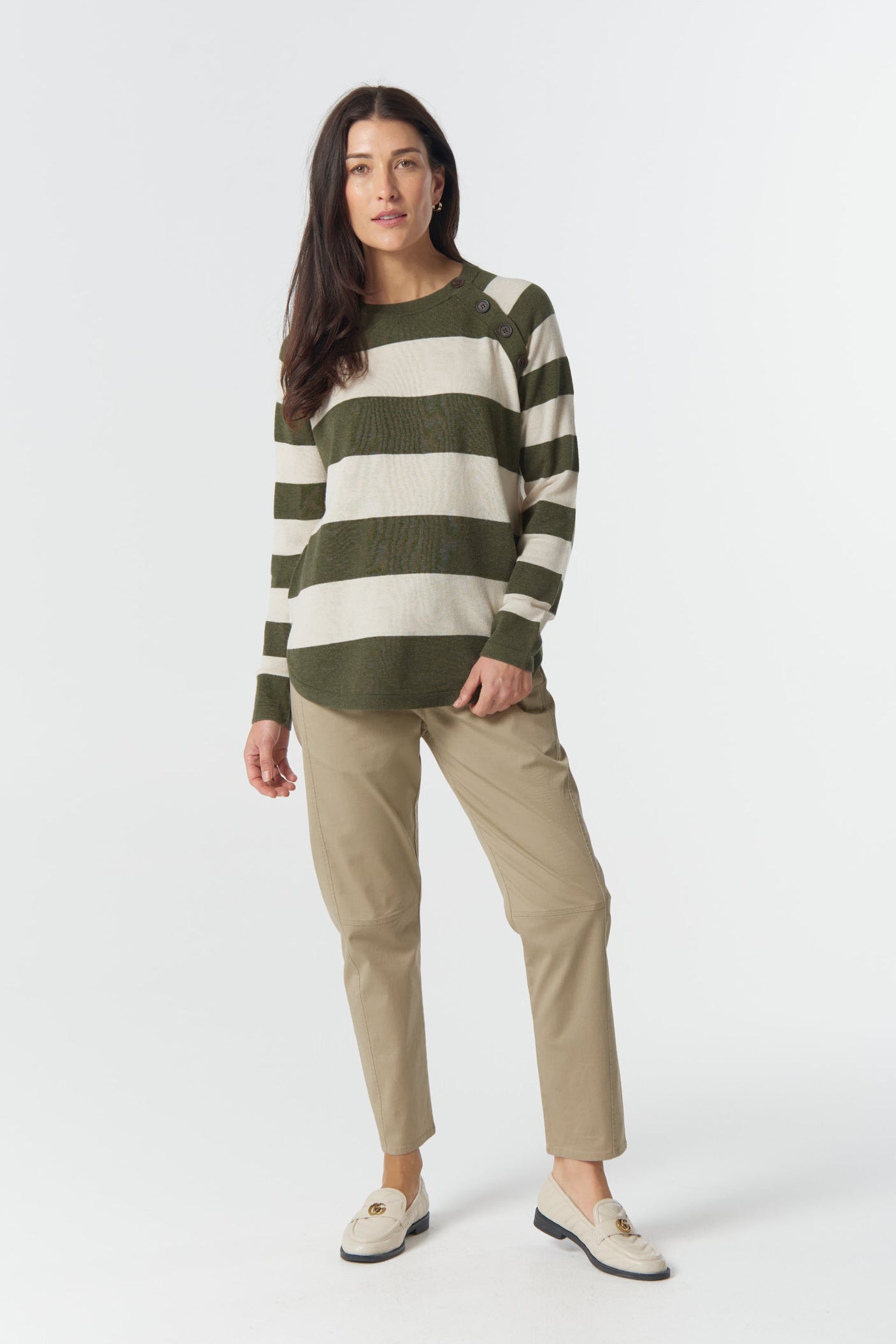 Goondiwindi Cotton Knitwear The Yards Merino Cotton Jumper - Covert Green/Cream