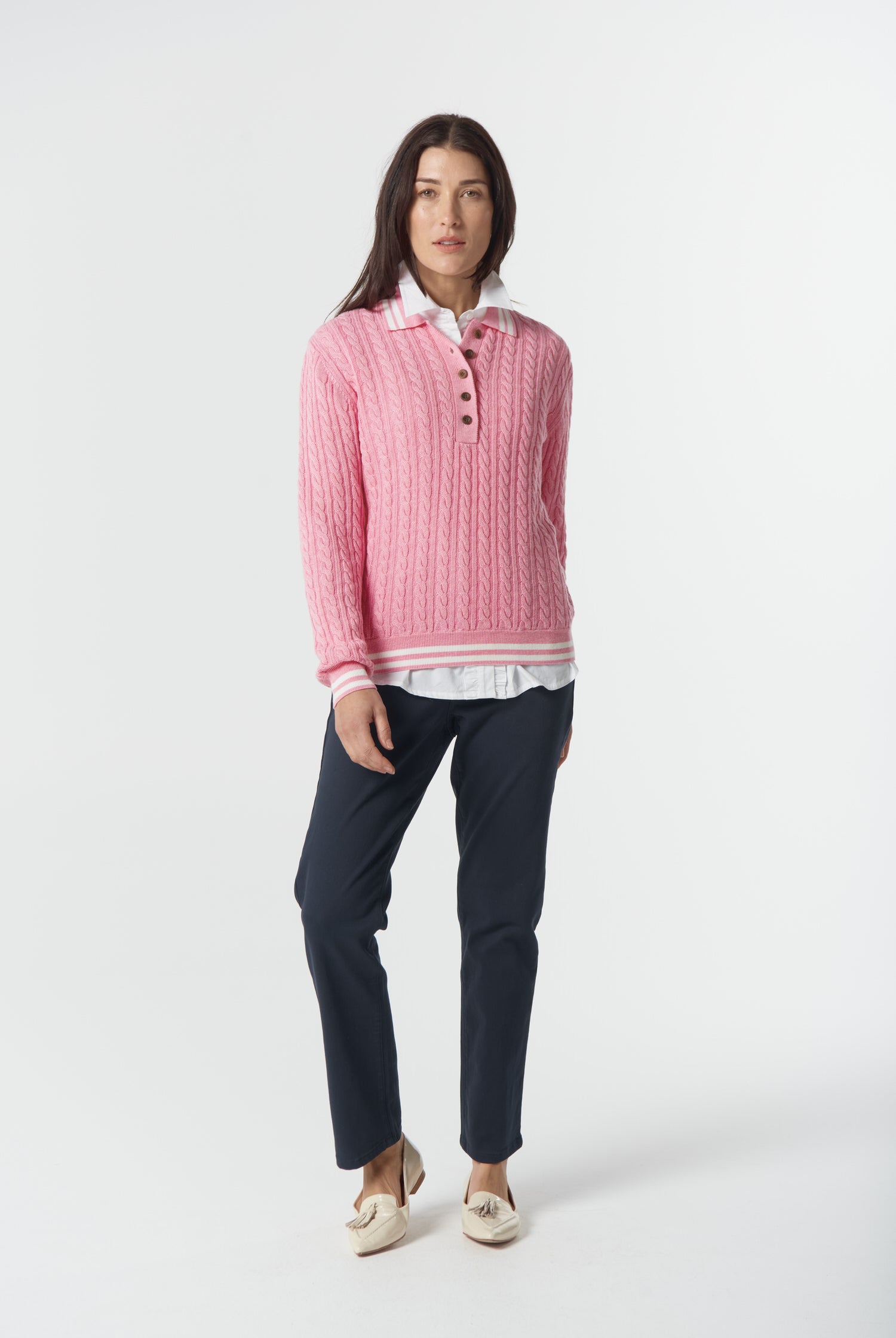 Goondiwindi Cotton Knitwear Marine Merino Cotton Cable Knit Polo - Fondant Pink/Snow