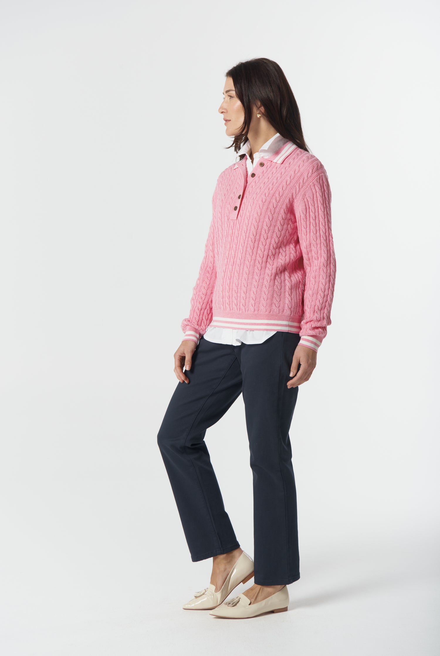 Goondiwindi Cotton Knitwear Marine Merino Cotton Cable Knit Polo - Fondant Pink/Snow