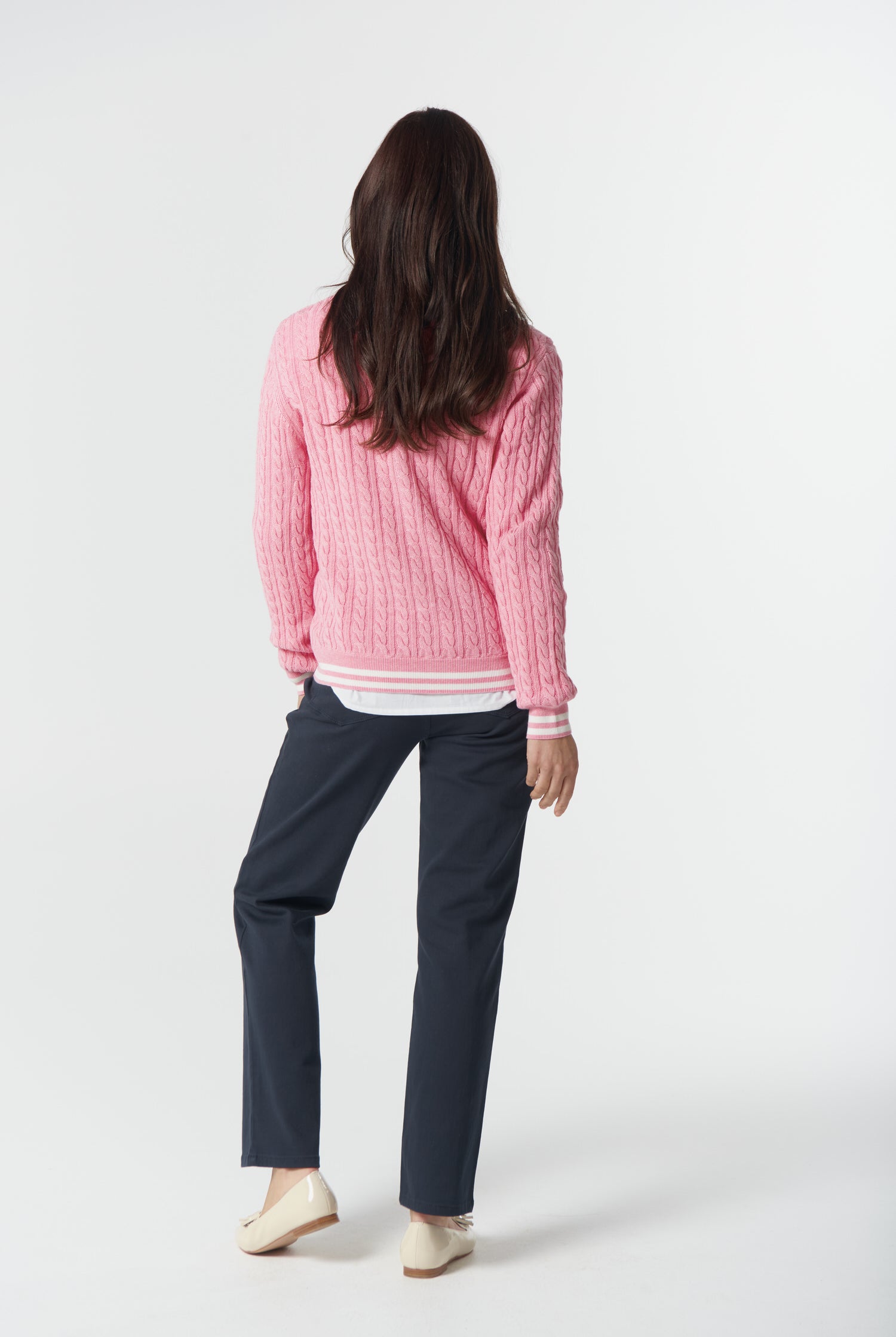 Goondiwindi Cotton Knitwear Marine Merino Cotton Cable Knit Polo - Fondant Pink/Snow