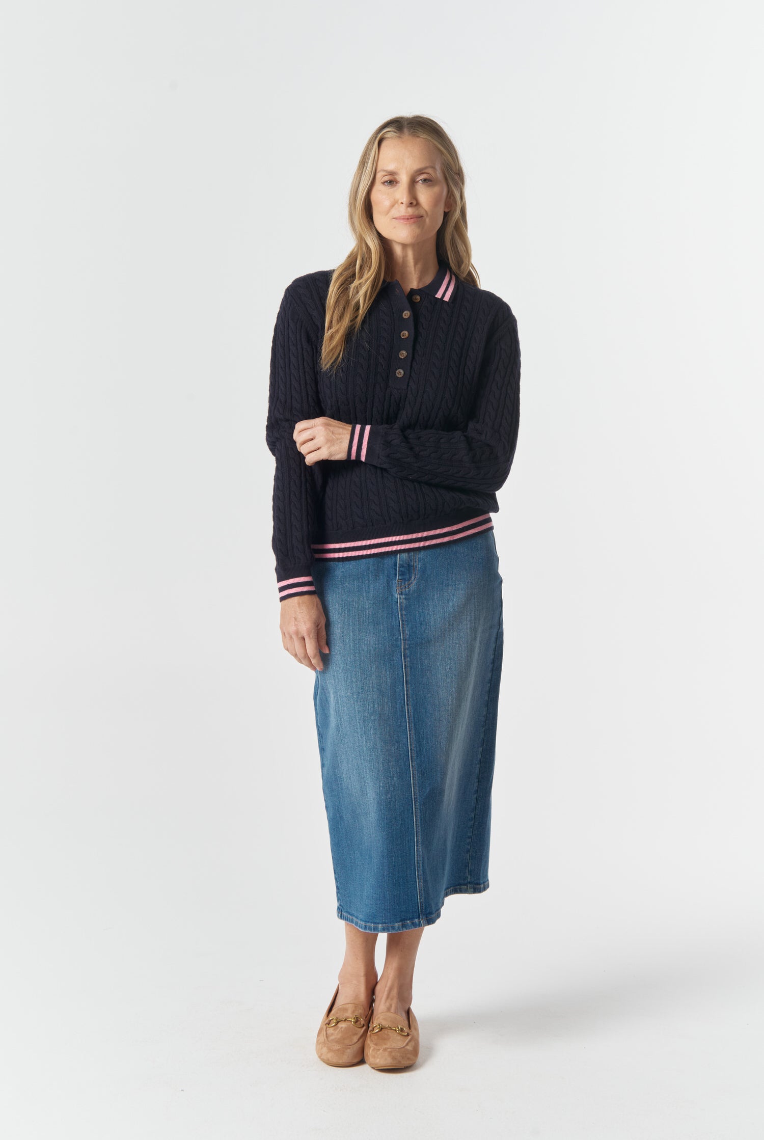 Goondiwindi Cotton Knitwear Marine Merino Cotton Cable Knit Polo - Navy/Fondant Pink