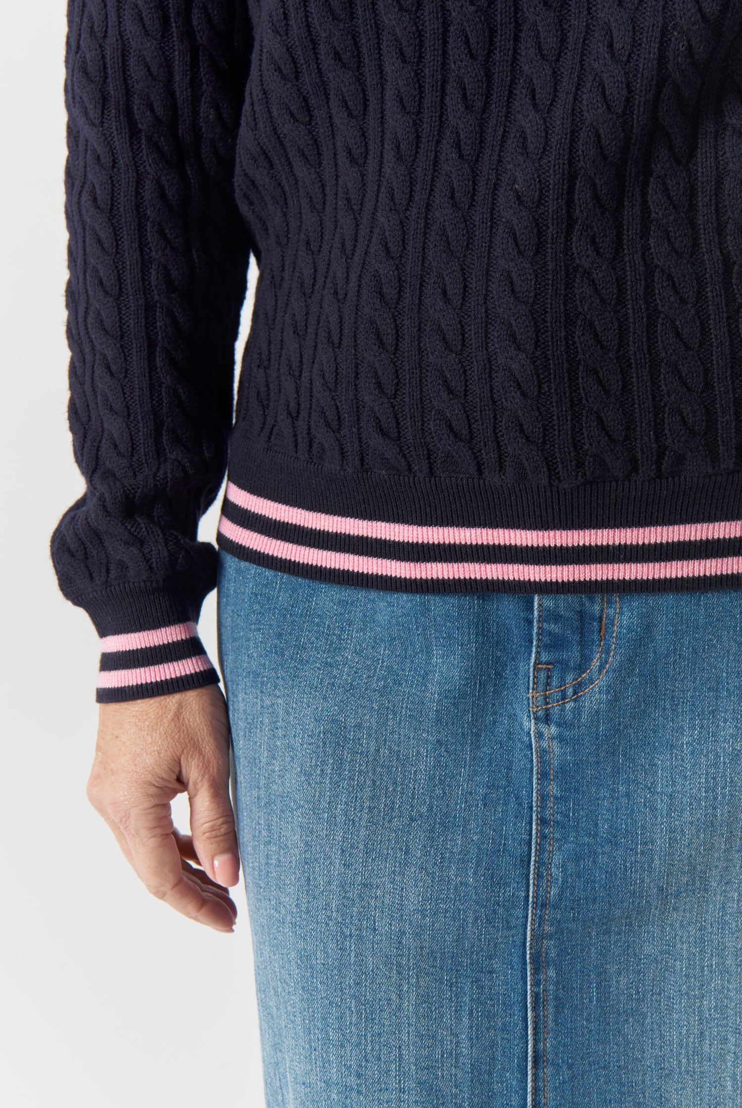 Goondiwindi Cotton Knitwear Marine Merino Cotton Cable Knit Polo - Navy/Fondant Pink