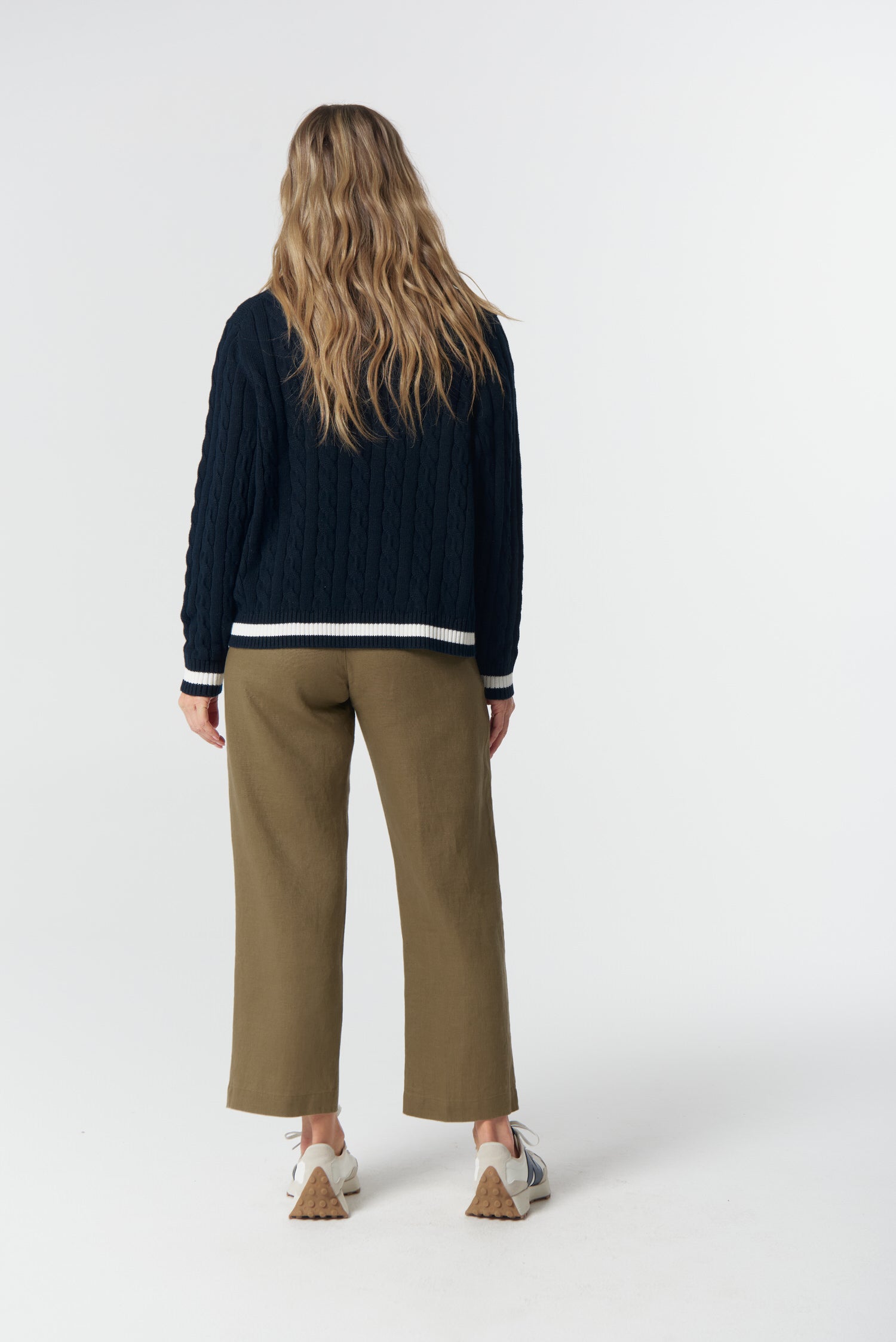 Harvest V Neck Cotton Jumper - Dark Navy/White/Fox by Goondiwindi Cotton. Timeless women’s fashion using natural fibres and classic shapes