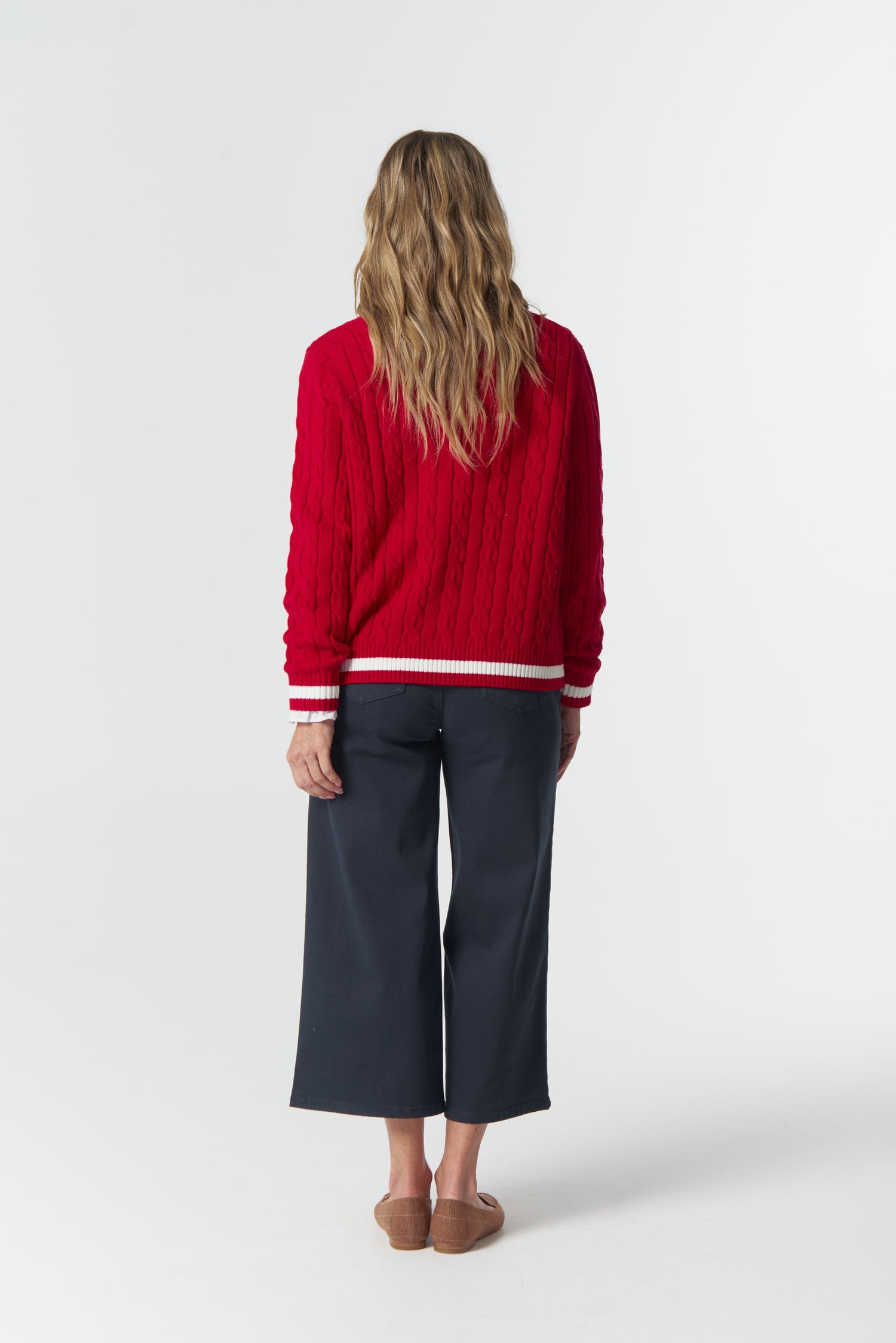 Harvest V Neck Cotton Jumper - Poinsettia/White/Navy by Goondiwindi Cotton. Timeless women’s fashion using natural fibres and classic shapes