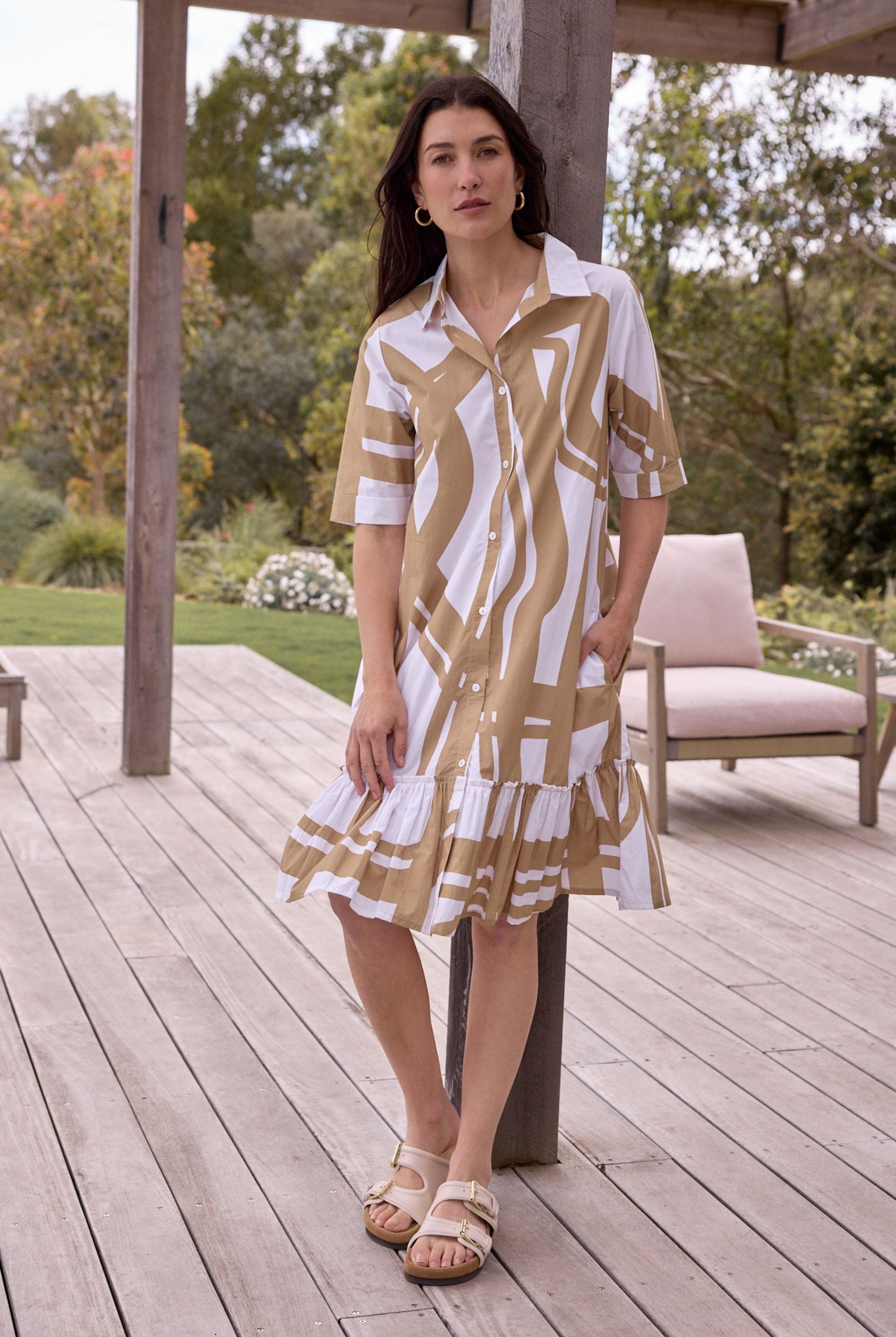 Harvest Lines Cotton Ruffle Dress - Harvest Print by Goondiwindi Cotton. Timeless women’s fashion using natural fibres and classic shapes