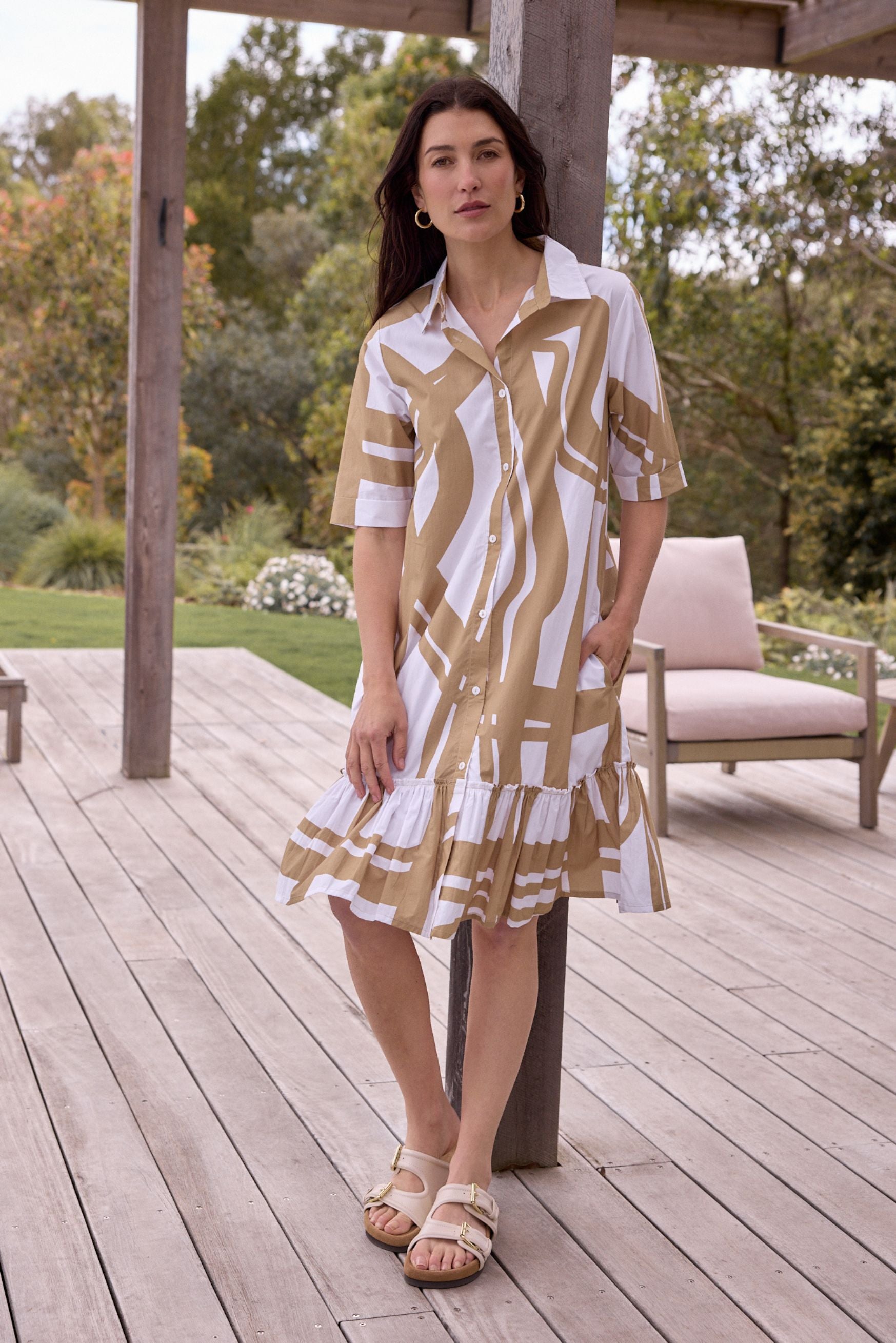 Harvest Lines Cotton Ruffle Dress - Harvest Print by Goondiwindi Cotton. Timeless women’s fashion using natural fibres and classic shapes