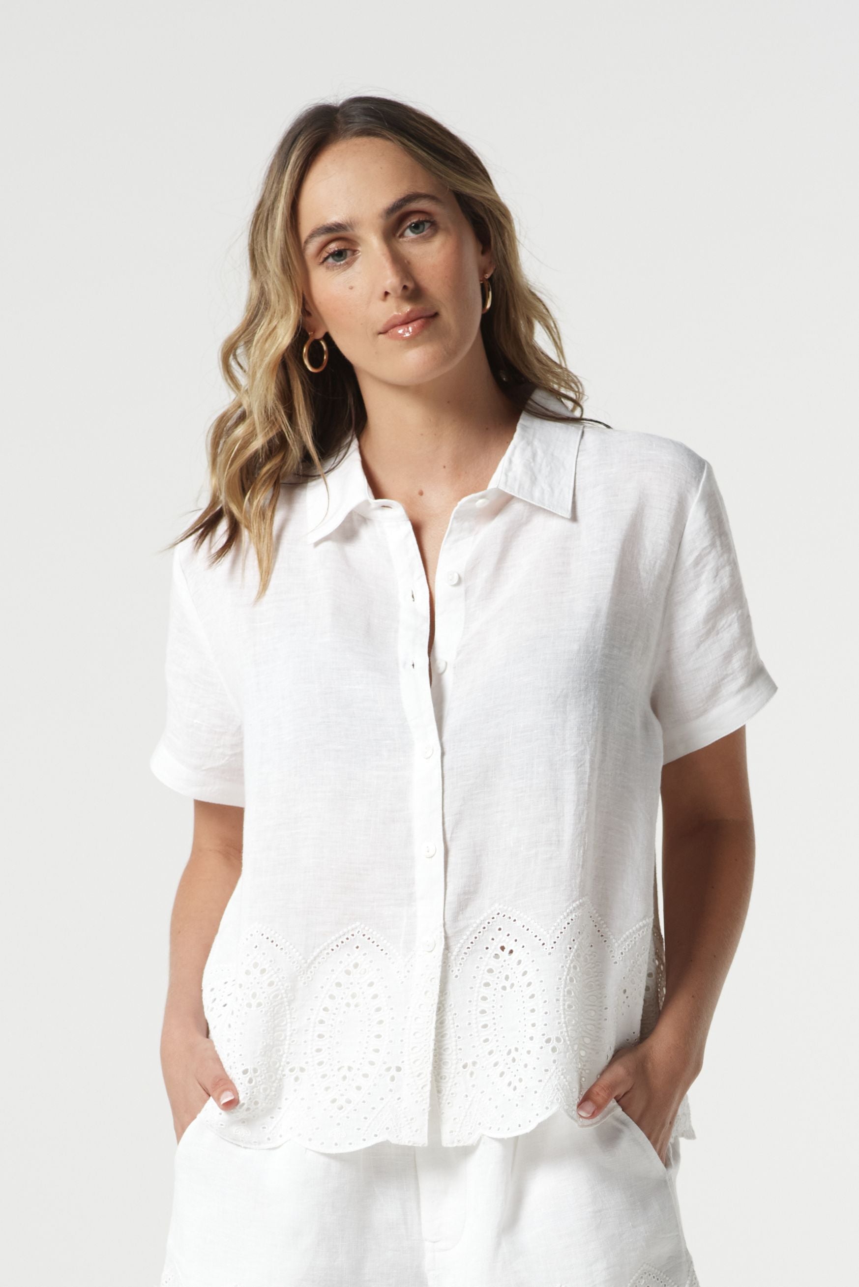 Goondiwindi Cotton Blouses Salt Embroidered Linen Shirt - White