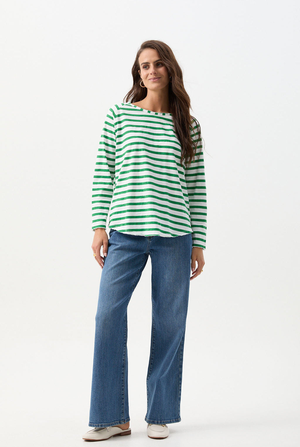 Raglan Cotton Stripe Tee - White/Jolly Green by cloth+paper+scissors. Timeless women’s fashion using natural fibres and classic shapes