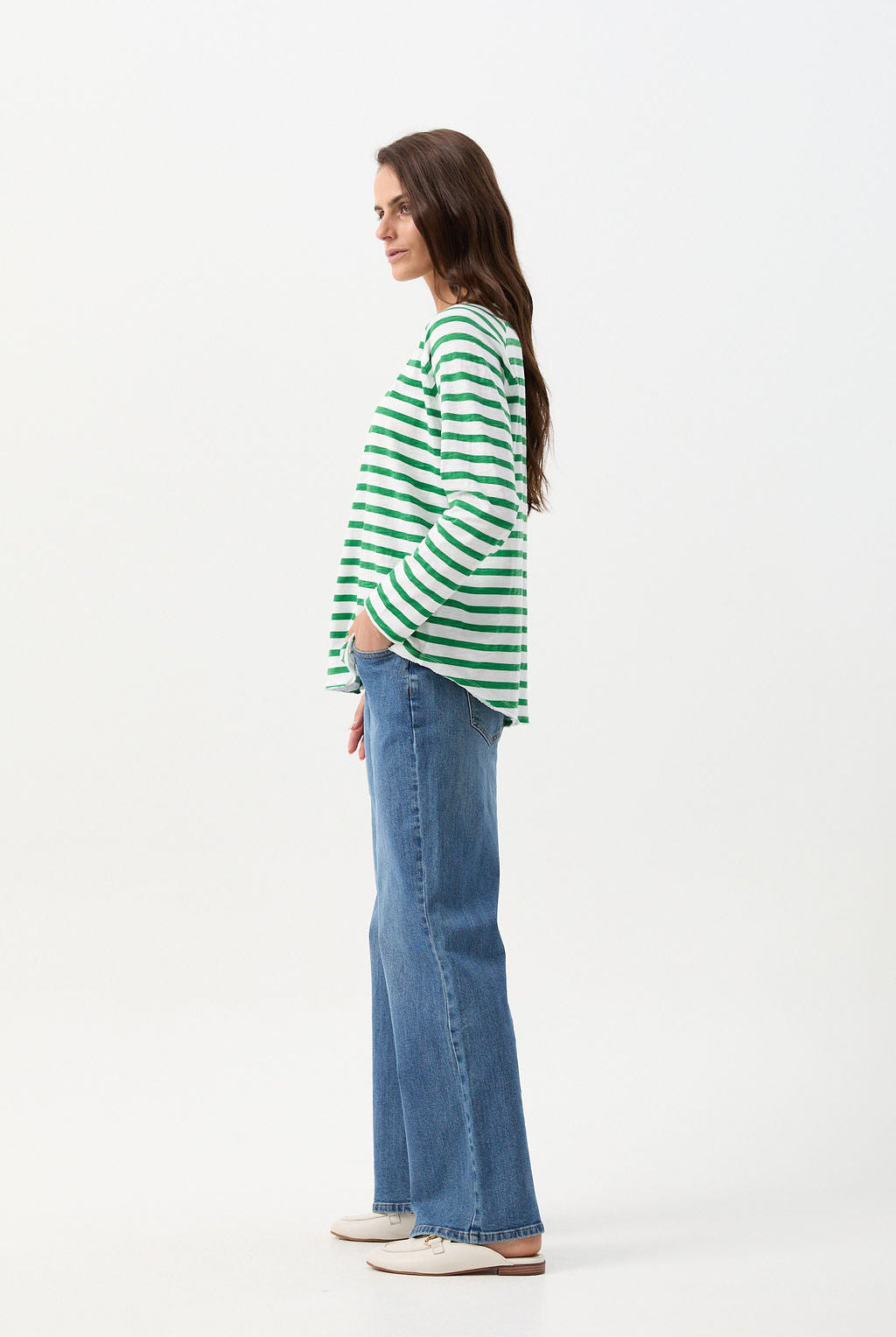 Raglan Cotton Stripe Tee - White/Jolly Green by cloth+paper+scissors. Timeless women’s fashion using natural fibres and classic shapes