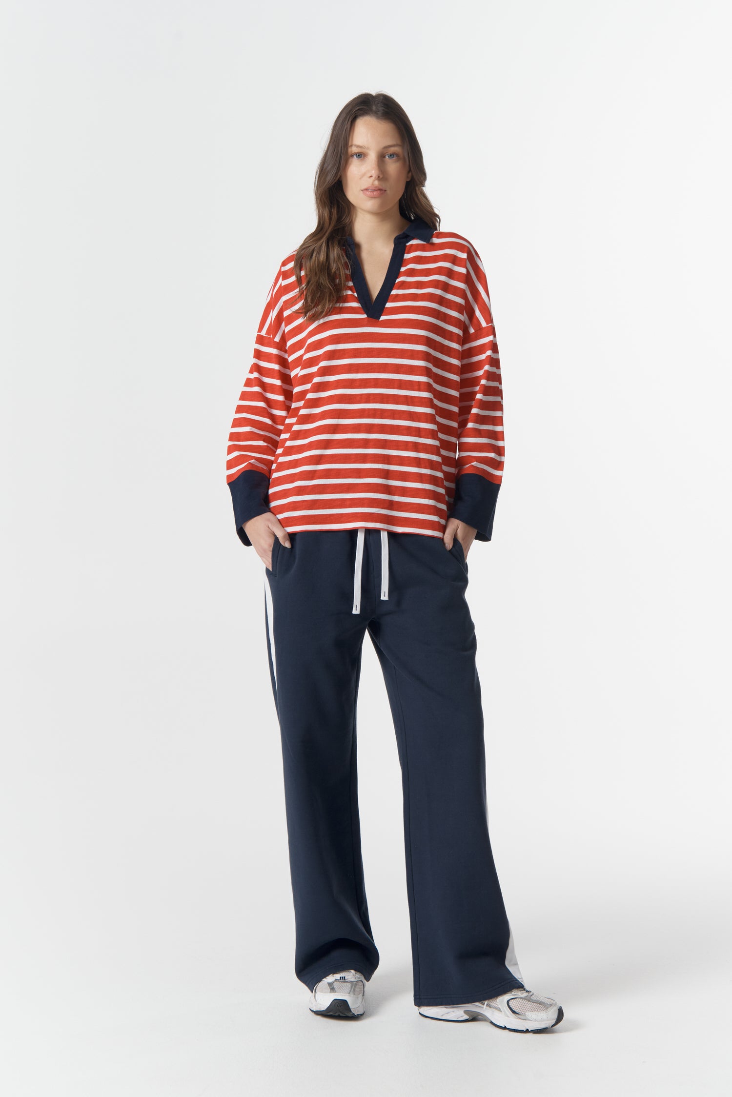 cloth+paper+scissors Tees The Breezy Stripe Polo - White/Salsa/Navy
