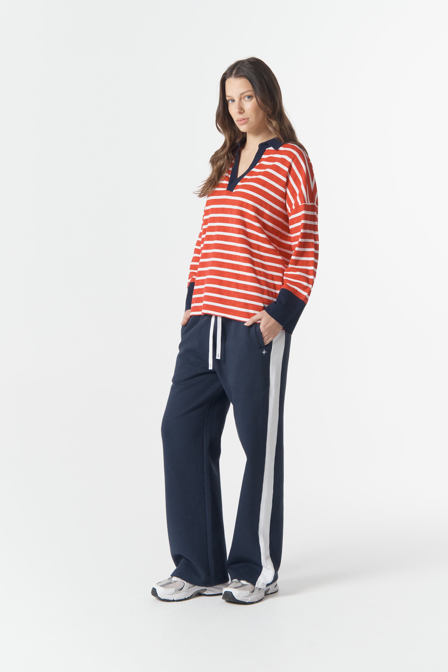 cloth+paper+scissors Tees The Breezy Stripe Polo - White/Salsa/Navy
