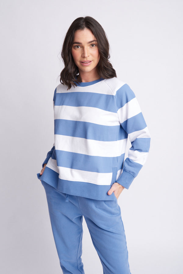 Fleece Stripe Side Split Sweater Denim Blue/White