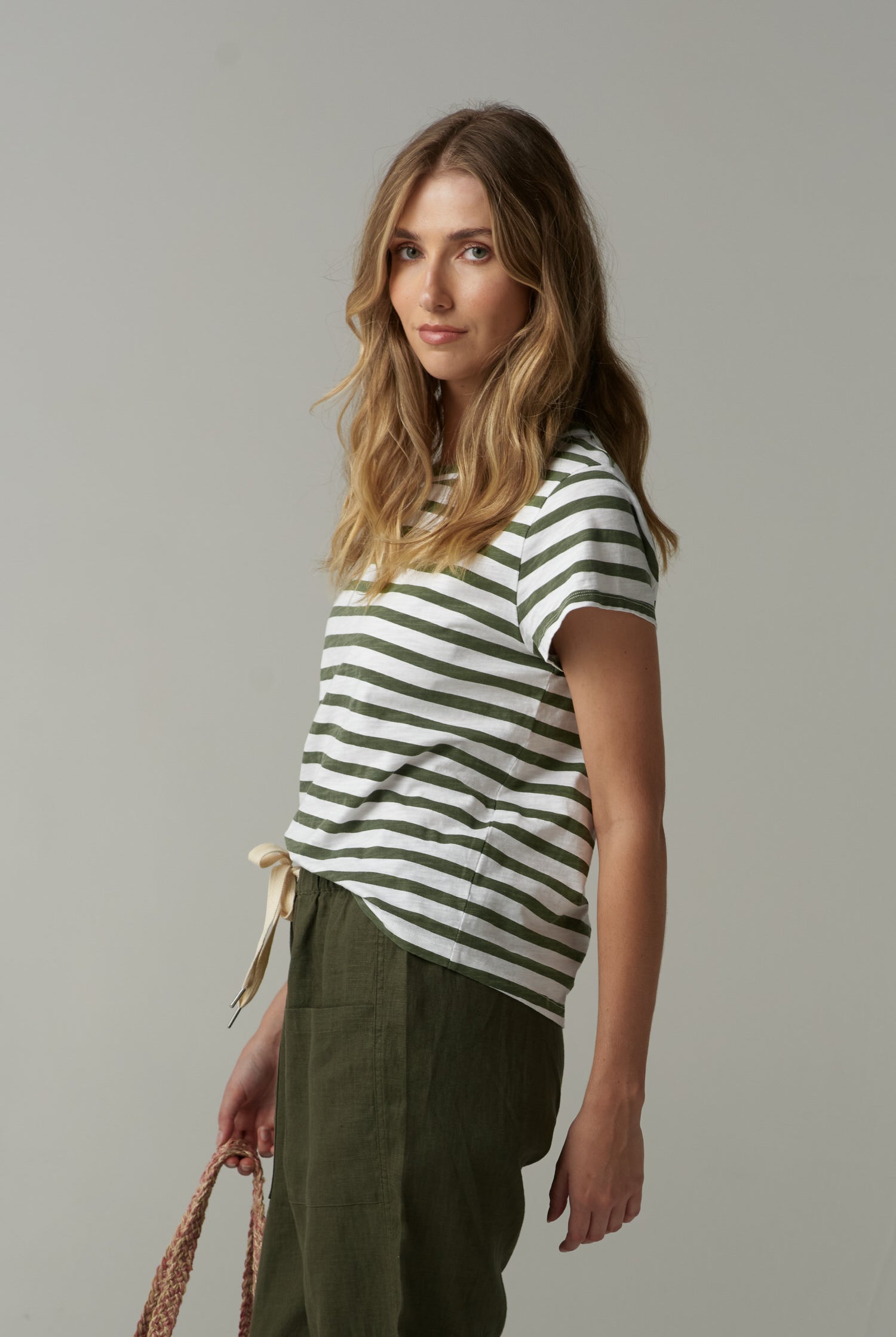 cloth+paper+scissors Tees Basic Cotton Crew Neck Stripe Tee - White/Fairway Green