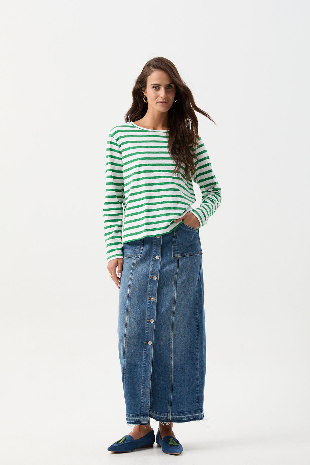 cloth+paper+scissors Tees Long Sleeve Basic Tee - White/Jolly Green