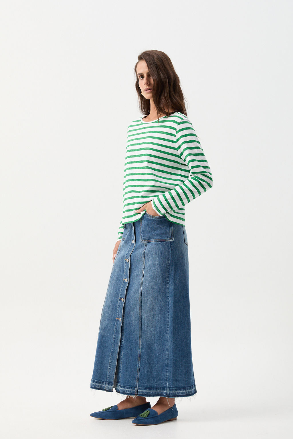 cloth+paper+scissors Tees Long Sleeve Basic Tee - White/Jolly Green