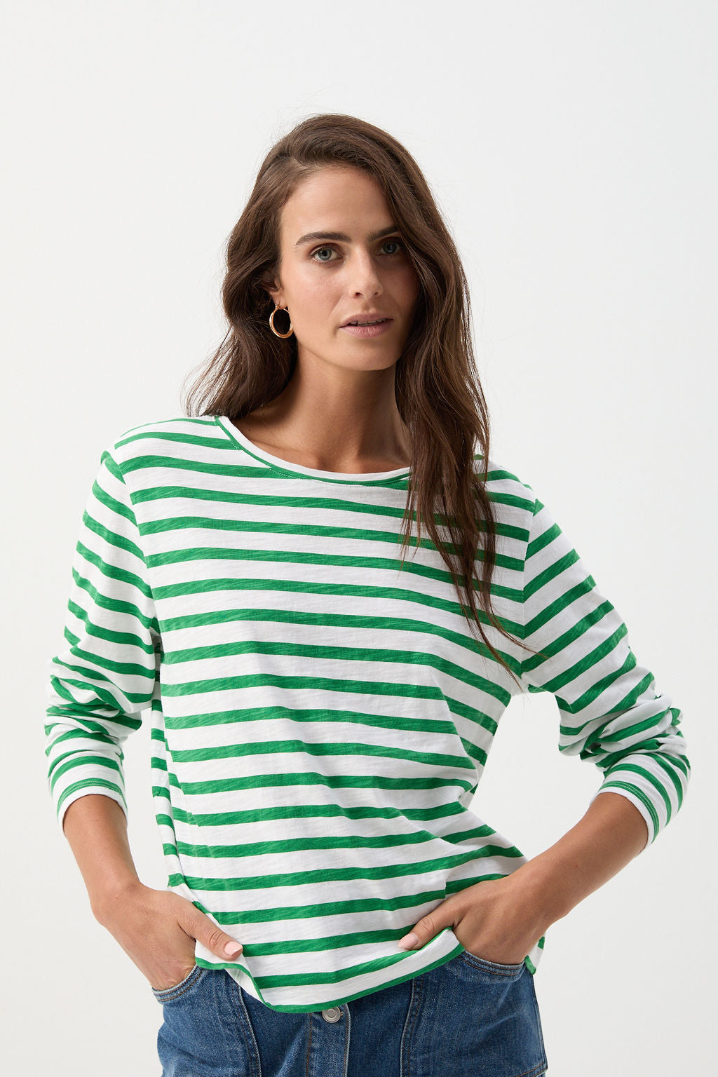 cloth+paper+scissors Tees Long Sleeve Basic Tee - White/Jolly Green