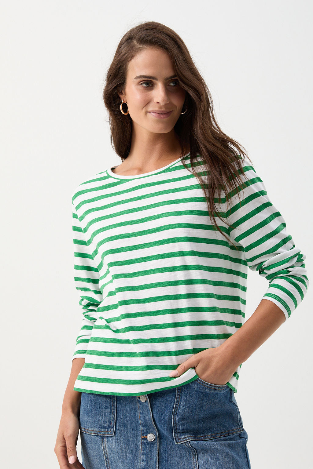 cloth+paper+scissors Tees Long Sleeve Basic Tee - White/Jolly Green